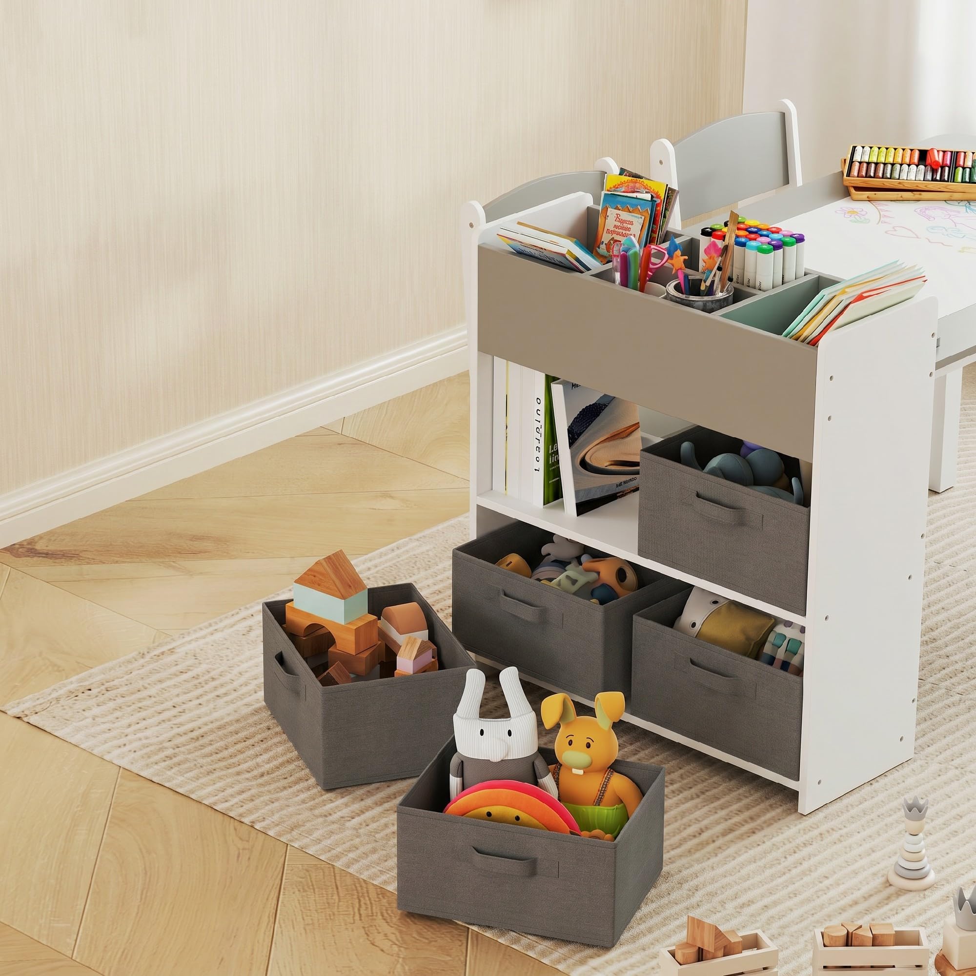 AIYAPLAY Set Tavolo e Sedie per Bambini 3-8 Anni con 2 Sedie e Tavolino con Spazio Contenitore, Mobili per Bambini in Legno di Pino e Tessuto non Tessuto, Bianco e Grigio