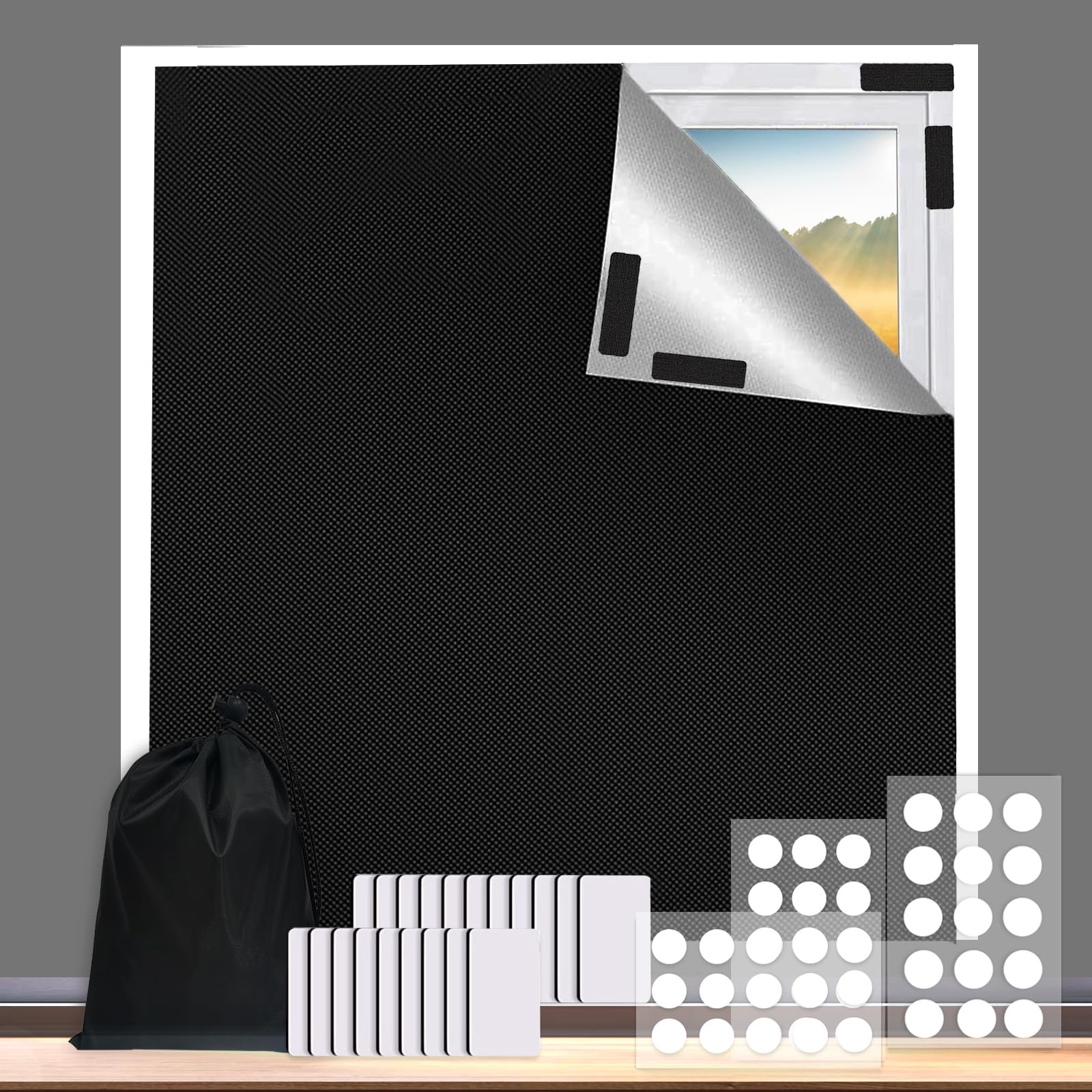 AngevolBlackout Blind, 100% portable blinds stick on windows, no drill 300x145cm, 20X hook and loop tapes, 60X adhesive dots, cut into shape fit for baby sensitive sleep environments (Angevol)