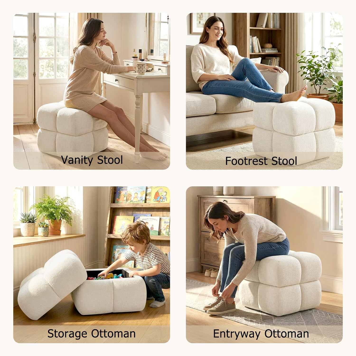 20" W Ottoman Foot Rest with Storage, Large Square Pouf Foot Stools Ottoman Lift-top Plush Upholstered Vanity Stool Coffee Table Seat for Living Room Bedroom Entryway, White