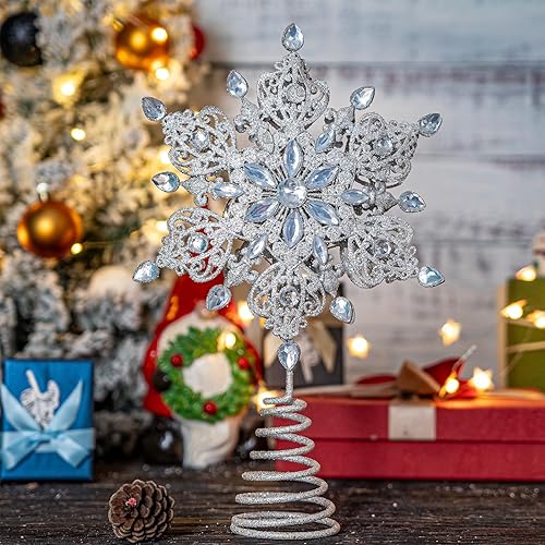 Vista 2 de Topadorn Tree Topper Metal Silver Star Snowflake Treetop Festive Party Home Xmas, Kali