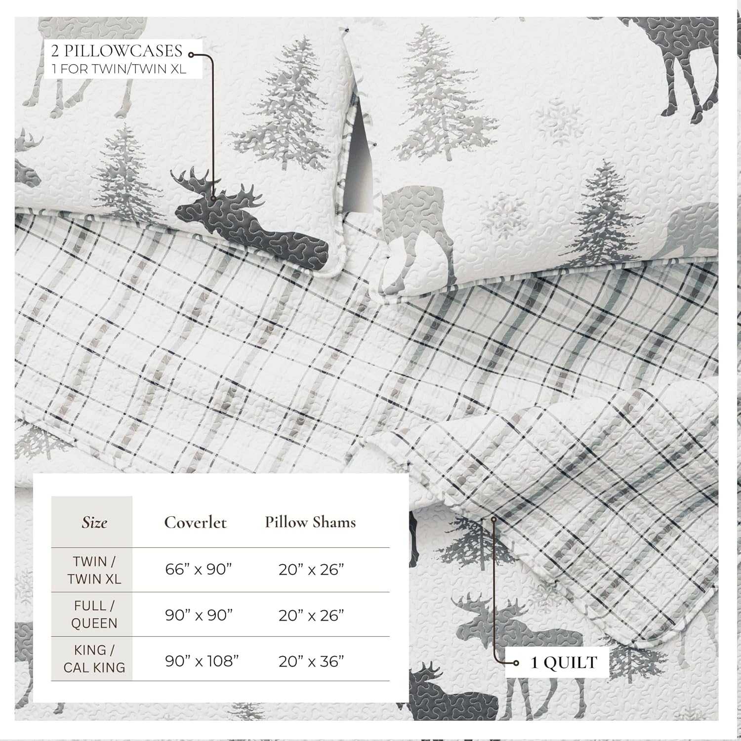 Great Bay Home Lodge Quilt Set - 3-Piece Full/Queen Size Rustic Bedding Set - Lightweight, All-Season, Reversible Bedspread (Moose - Grey)