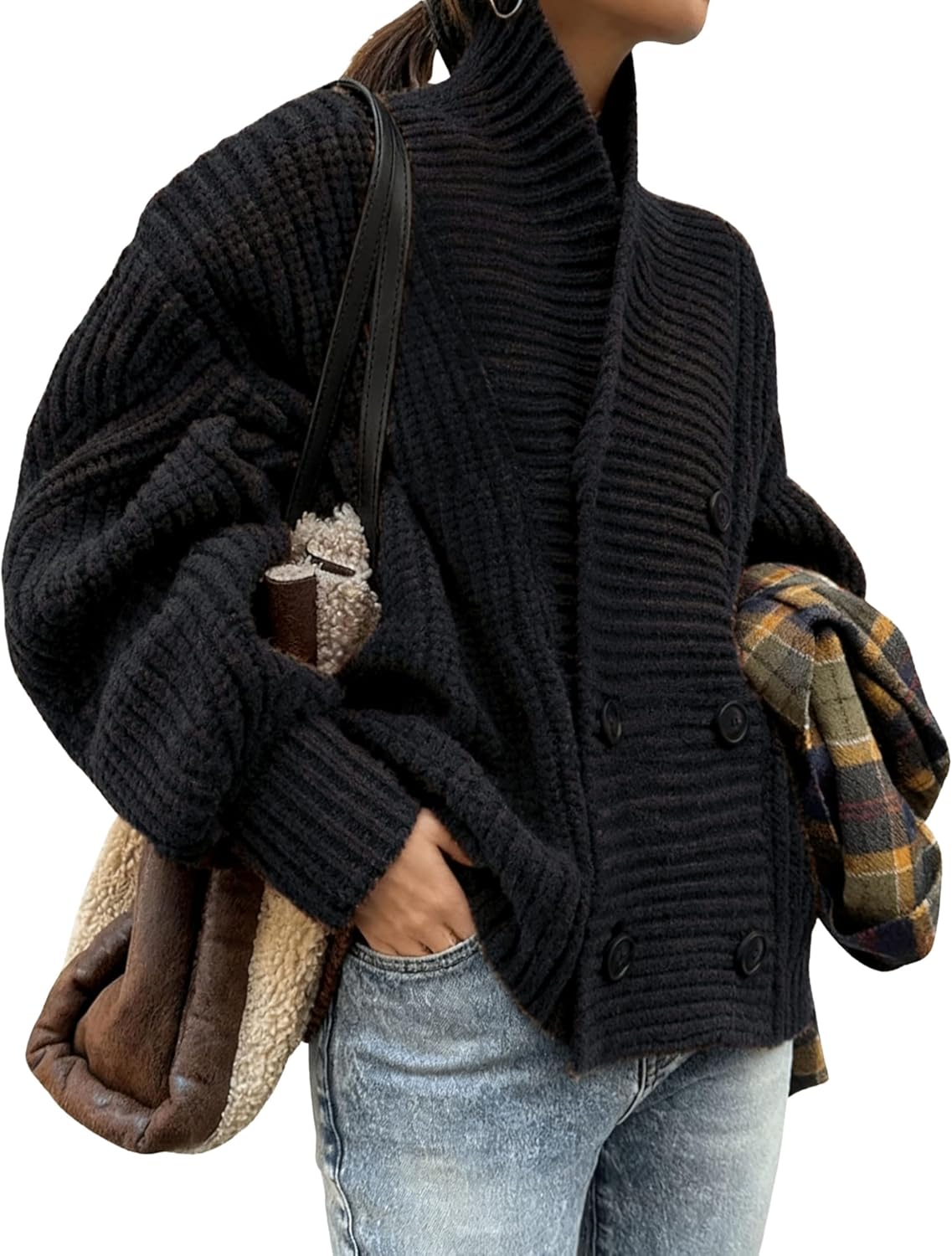 Xiaoxuemeng Womens Knitted Cardigan Sweater Button Down Shawl Collar Cardigan Jackets Chunky Ribbed Knit Sweater Top