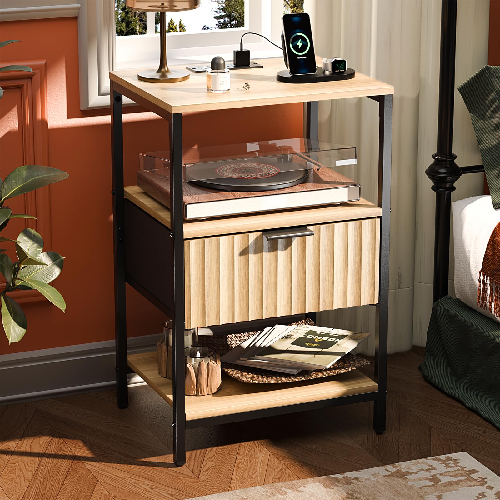 VINGLI Night Stand with Charging Station and Fabric Drawer, Fluted Nightstand with Drawer, Bed Side Table/End Table for Bedroom, Dorm, 14.96" W*11.81" D*23.7" H, 1 pc