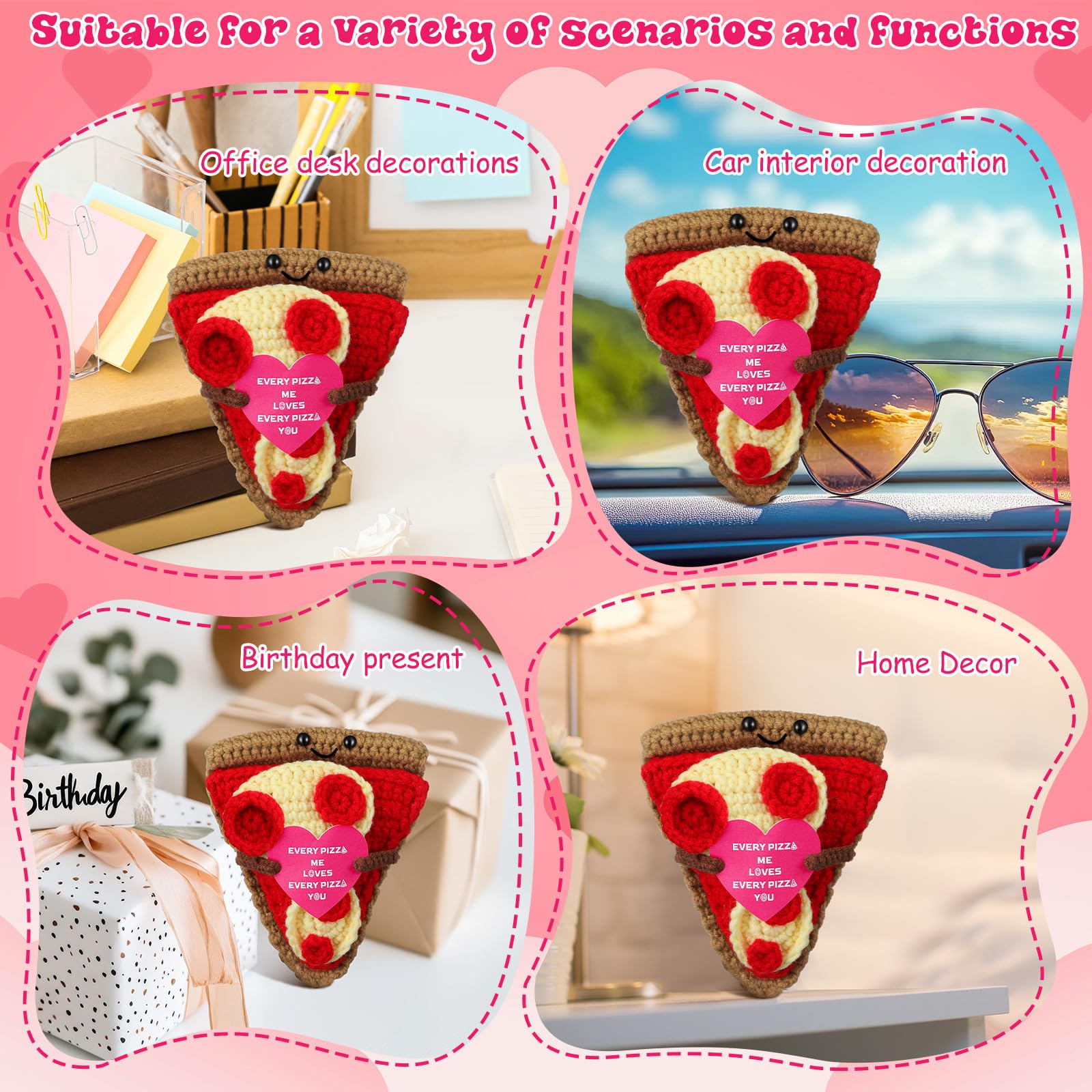 RoundFunny Funny Positive Gifts Pizza Handmade Crochet Doll with Card, Cute Knitted Holiday Pizza I Love You Gifts for Birthday Anniversary Graduation Home Party Decor