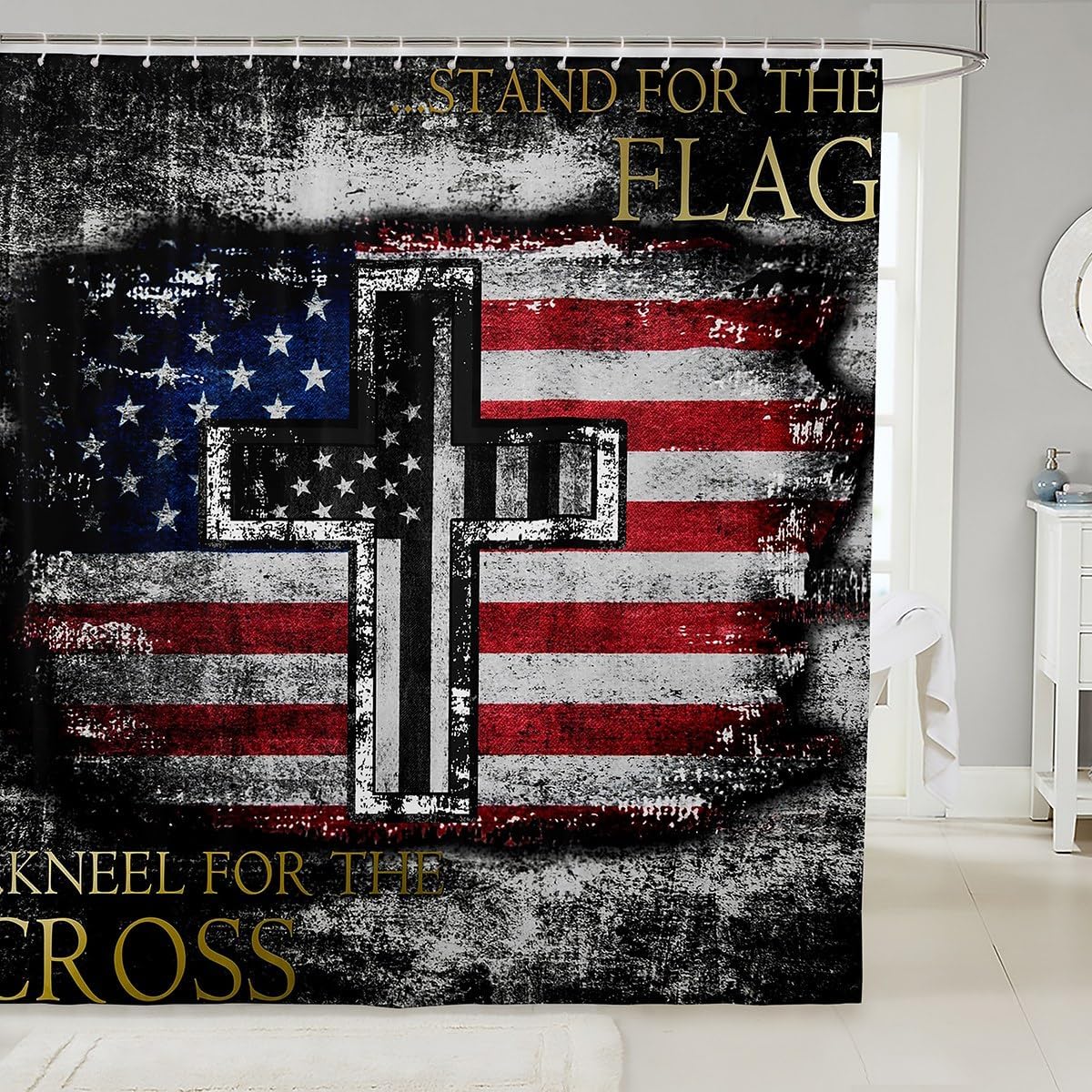 American Flag Bathroom Shower Curtain Sets for Teen Boys Camo Black White USA Flag Fabric Shower Curtain, The Cross Theme Shower Curtain Religious Patriotic Style Bathroom Accessories 72"Wx72"L