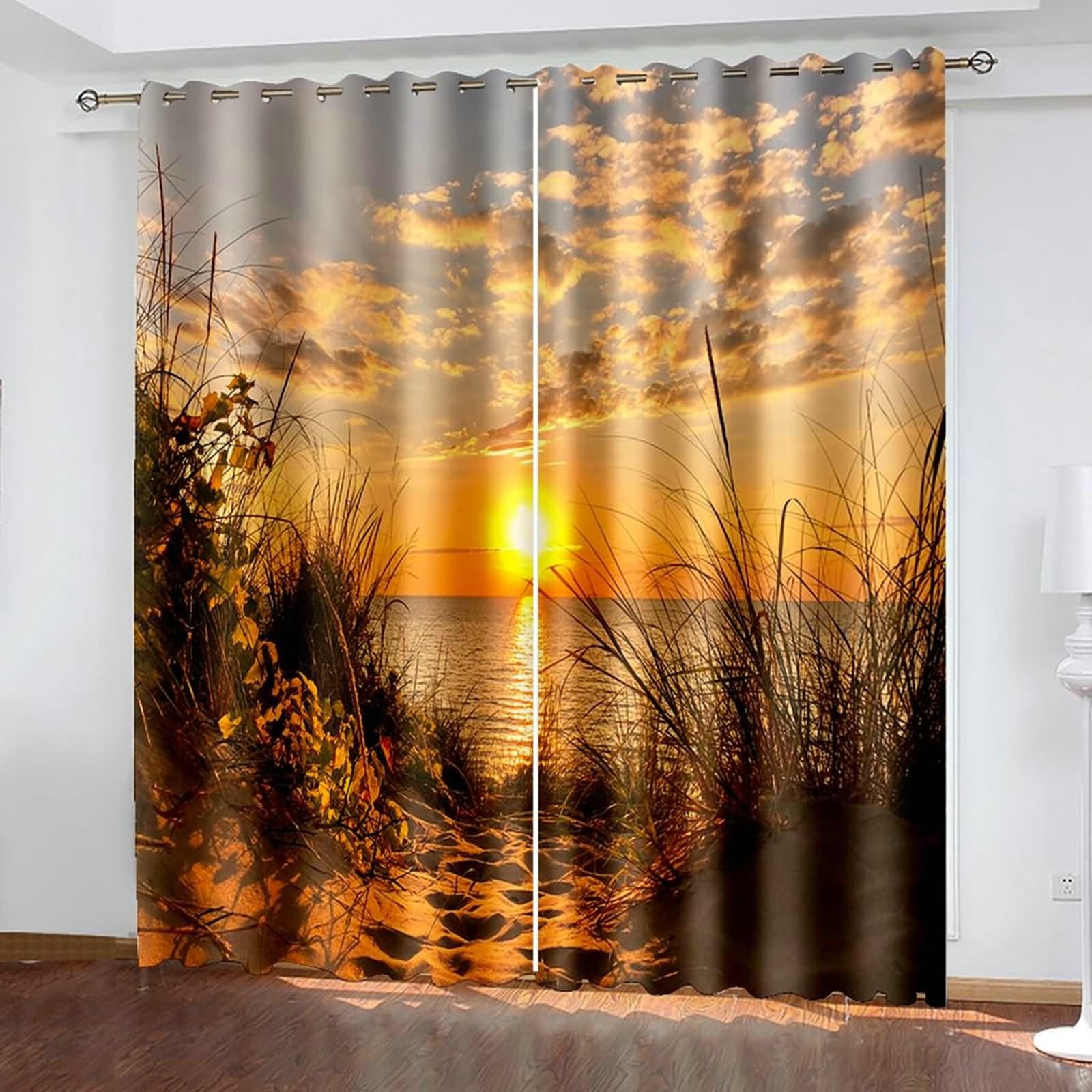 Zasłony do sypialni, zasłony z zachodem słońca nad morzem i plażą, wys. 214 x szer. 152 cm, nieprzejrzyste zasłony zaciemniające z oczkami, zestaw 2 sztuk