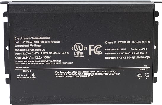 24v Dimmable Driver UL Listed 300w Triac Electronic MLV, ELV 12.5A 110v AC to DC Transformer Constant Voltage Power Supply for LED Strip light Compatible with Lutron & Leviton AC Wall dimmers