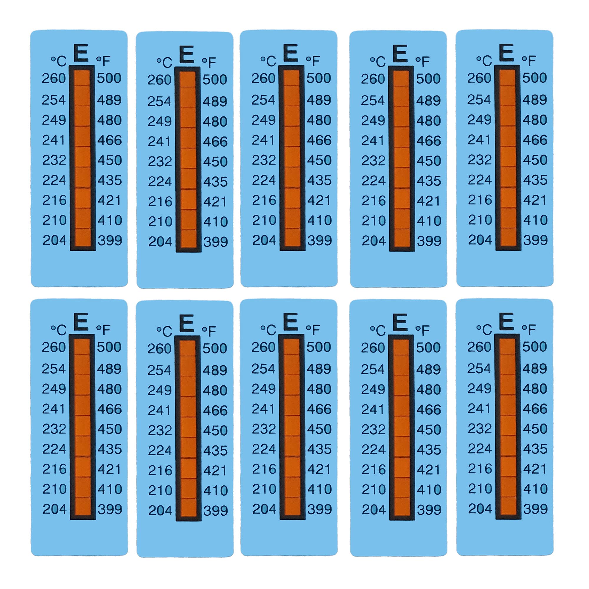 Temperaturmessstreifen, +204°C...+260°C nicht reversibel (einmalige Verwendung), 10 Stück/Packung