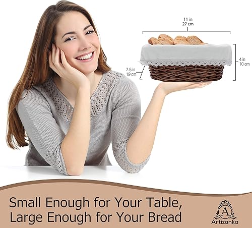 Miniatura 4 de Juego de cestas de pan medianas y grandes para servir cestas de mimbre de 12 y 11 pulgadas con forro y cubierta extraíbles, cesta de almacenamiento