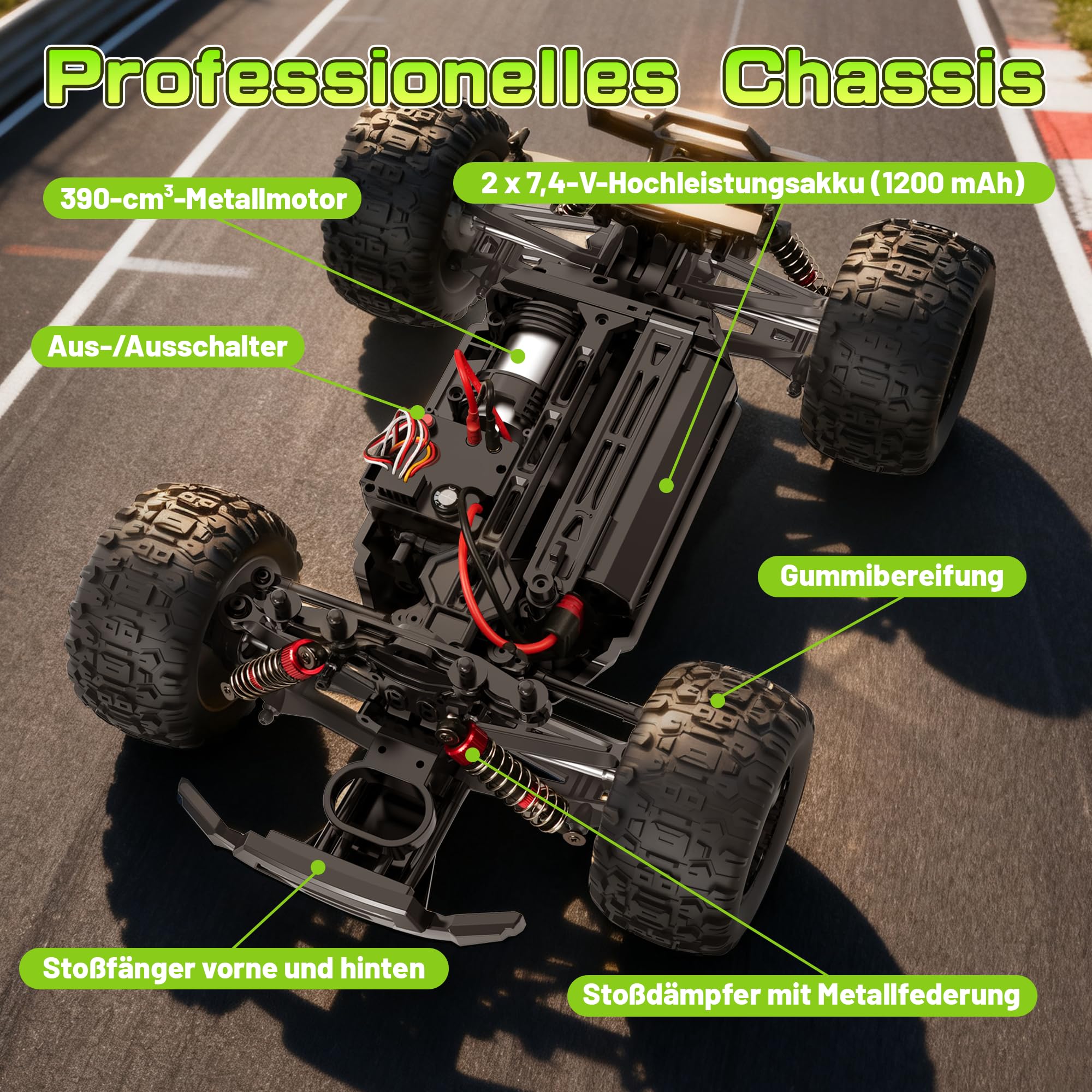 Macchina Telecomandata - Auto telecomandata ad alta velocità 1:16 38 km/h 4x4 All Terrains 2.4G RC Truck con luci RGB respiranti Veicolo RC fuoristrada con 2 batterie ricaricabili - Verde