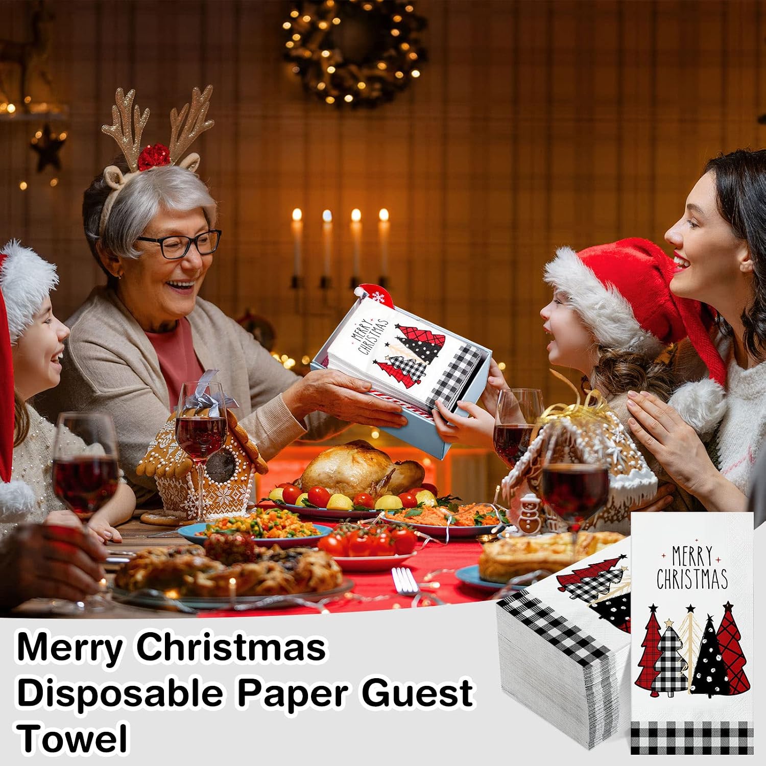 100 Pcs Christmas Paper Decorative Guest Napkins Bulk - Christmas Tree Buffalo Plaid Napkins Disposable Hand Towel for Holiday Kitchen Winter Xmas Party (17.3 x 12.9 Inch Unfolded)