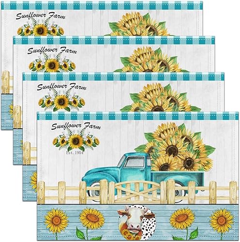 Juego de 4 manteles individuales con diseño de girasol, diseño de flores amarillas, estilo granja, para interiores y exteriores, diseño de camión