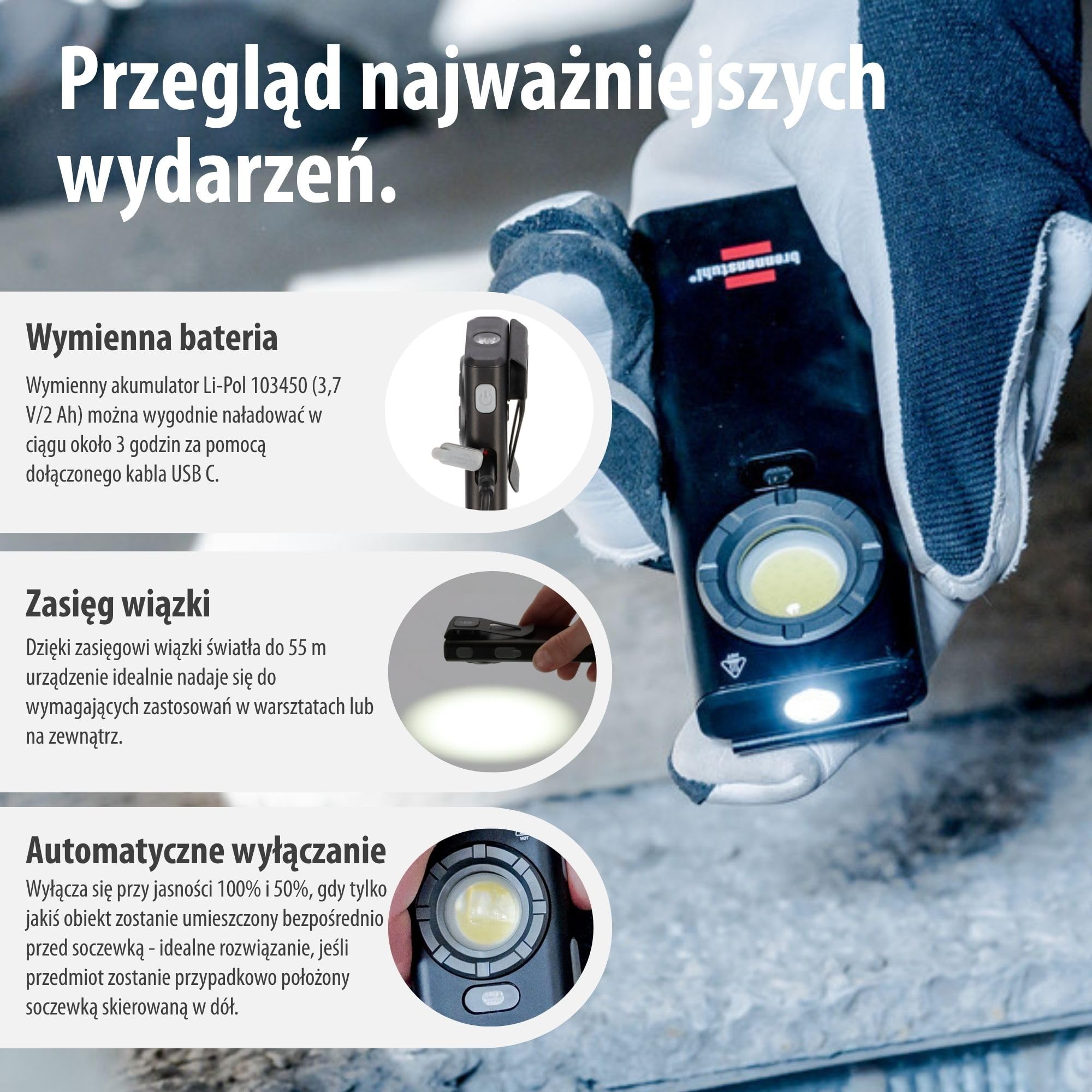 Brennenstuhl Akumulatorowa lampa ręczna LED HL 1200 AS (1200lm, latarka z 4 trybami przełączania, automatyczne wyłączanie przy bliskości obiektu, IP56, obudowa aluminiowa, magnes, klips, kabel USB C)