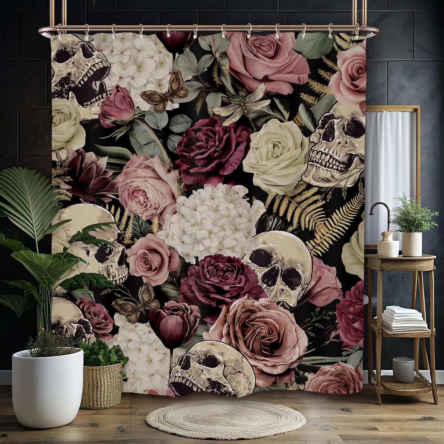 Miyotaa Gothic Skull Shower Curtain Set 60Wx71H Inches Rose Vintage Scary Spooky Flower Burgundy Waterproof Bathroom Curtain with 12 Hooks