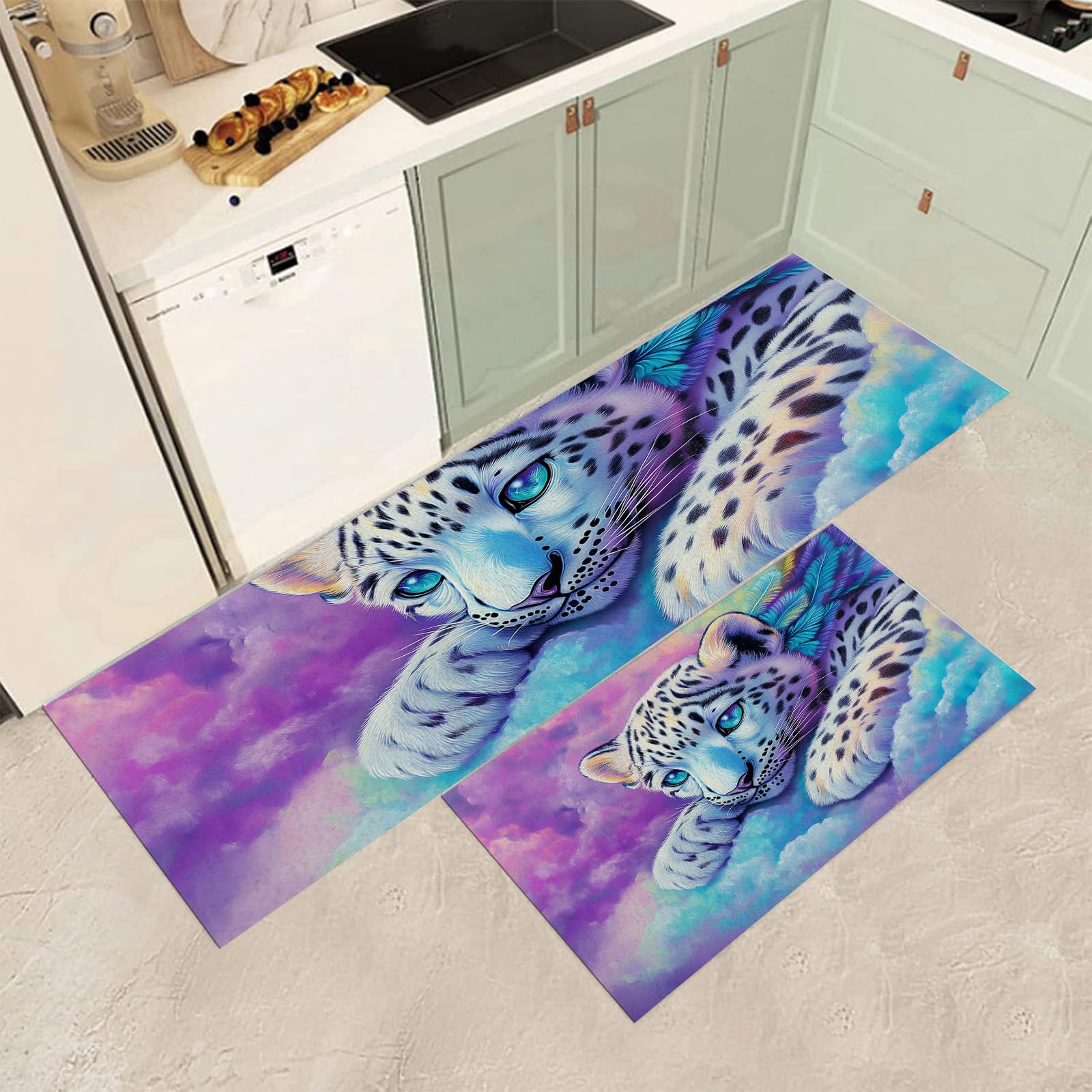 Tapis de cuisine animaux aquarelle 50x80 et 50x150cm avec envers caoutchouc de sécurité