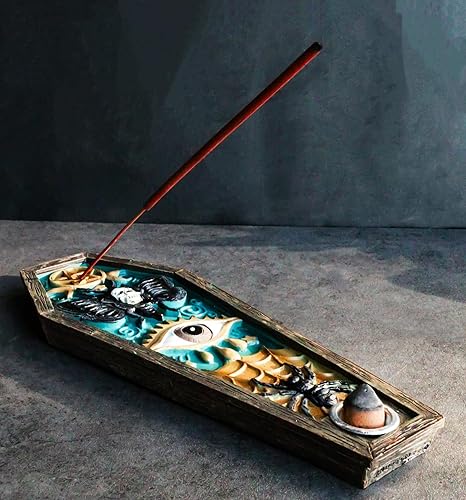 Miniatura 9 de Ebros Gift Wicca - Pentagrama ocultista con calavera de ojo malvado de araña negra, ataúd metafísico, soporte para palo de incienso y quemador de