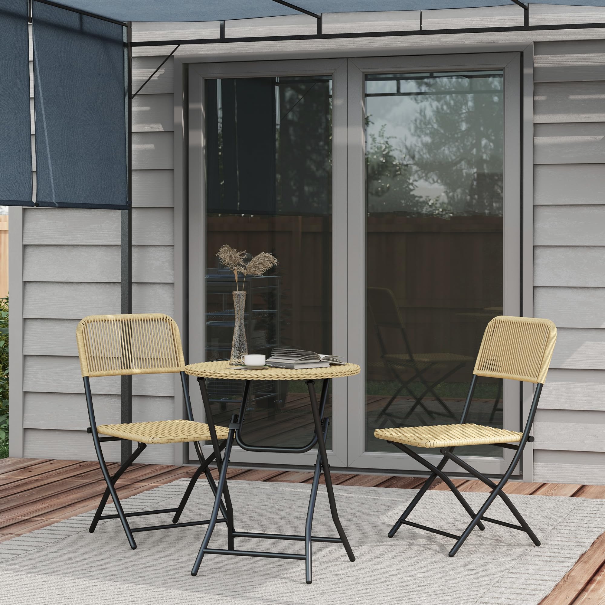 Outsunny Ensemble Salon de Jardin 2 Places Table Ronde avec 2 chaises Pliables en résine tressée et métal, Beige et Noir