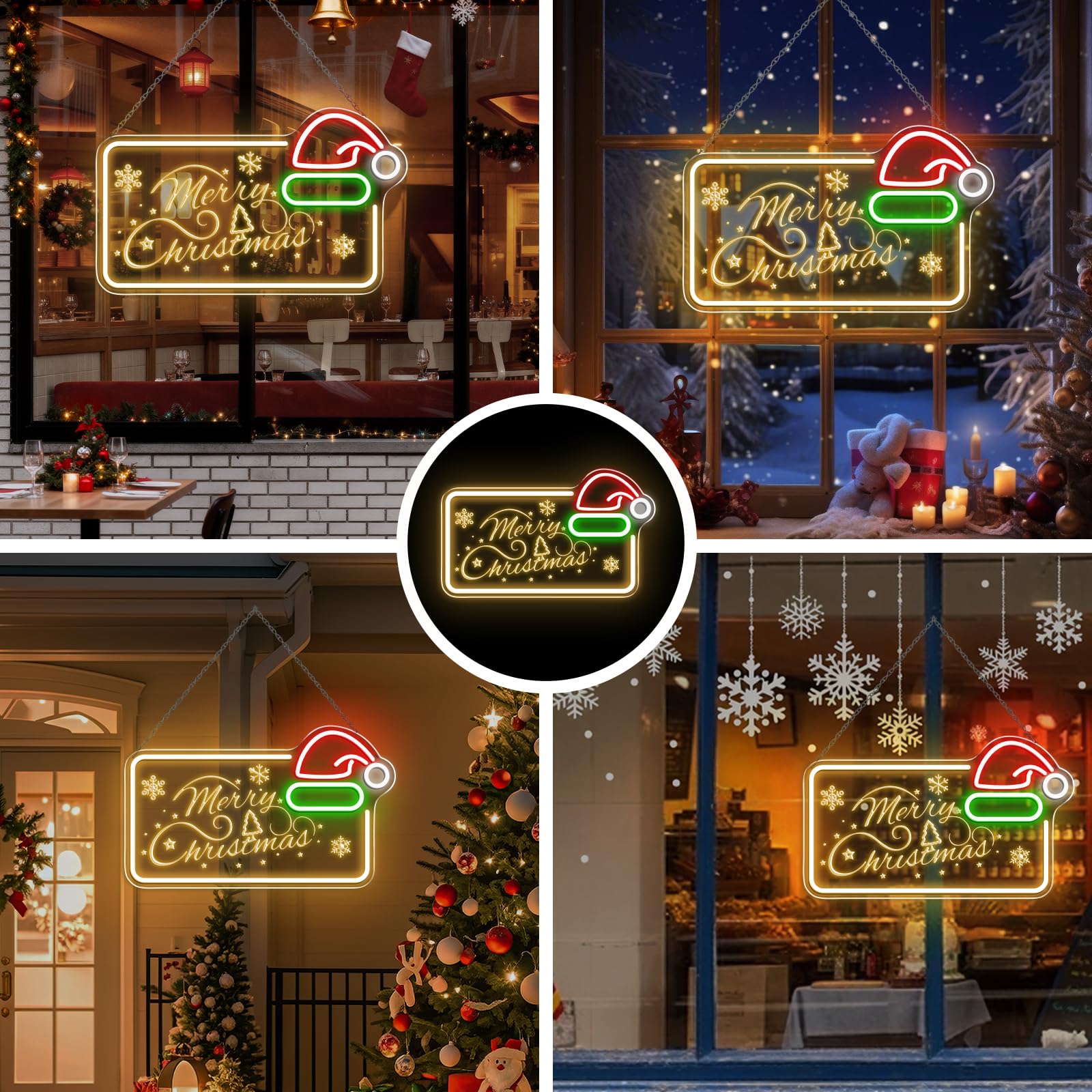Letrero de neón LED de Feliz Navidad de 16.5 x 10 pulgadas, decoración de pared con luz LED regulable con sombrero de Papá Noel, decoración de pared alimentada por USB para el hogar, habitación de los