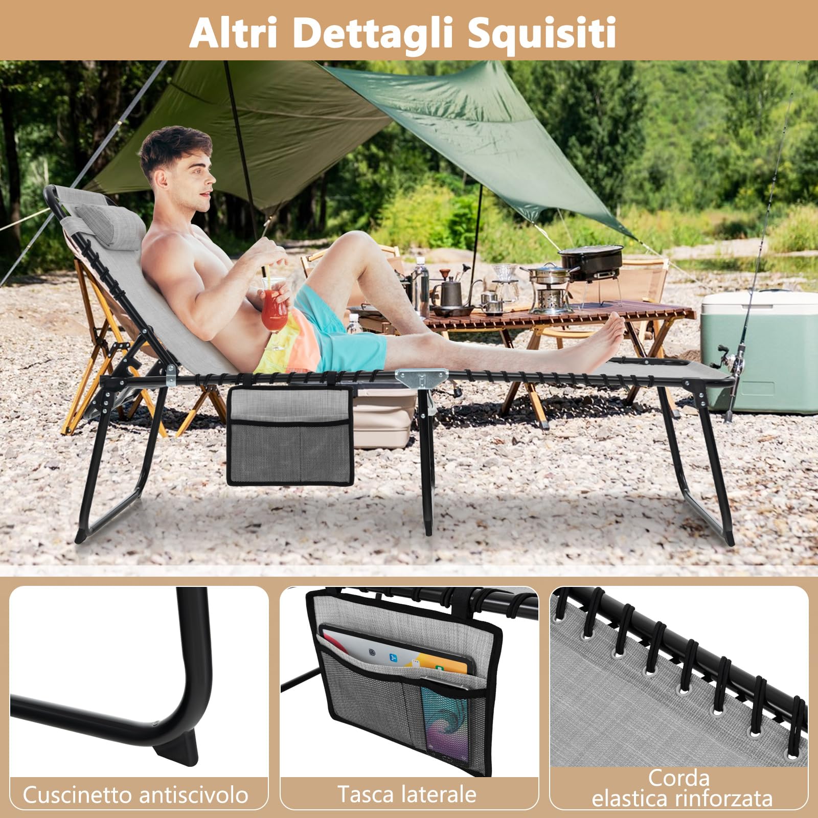 COSTWAY Lettino da Spiaggia Pieghevole Portatile, Sdraio da Mare con Schienale Regolabile 4 Posizioni, Tasca Laterale e Poggiatesta Staccabile, per Giardino e Campeggio, Portata 150 kg (Grigio)