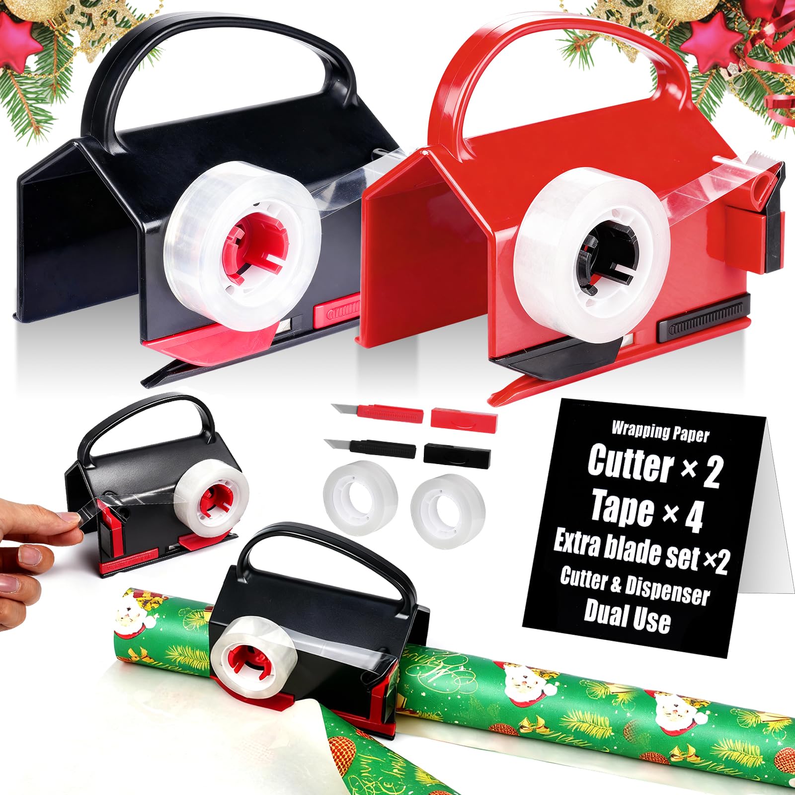 2 Pack Gift Paper Cutter with Dual Use Tape Dispenser with 4 Ribbons, 2 Pack Replacement Blades Kit for Birthday Gift, Paper Roll Cutter, Holder