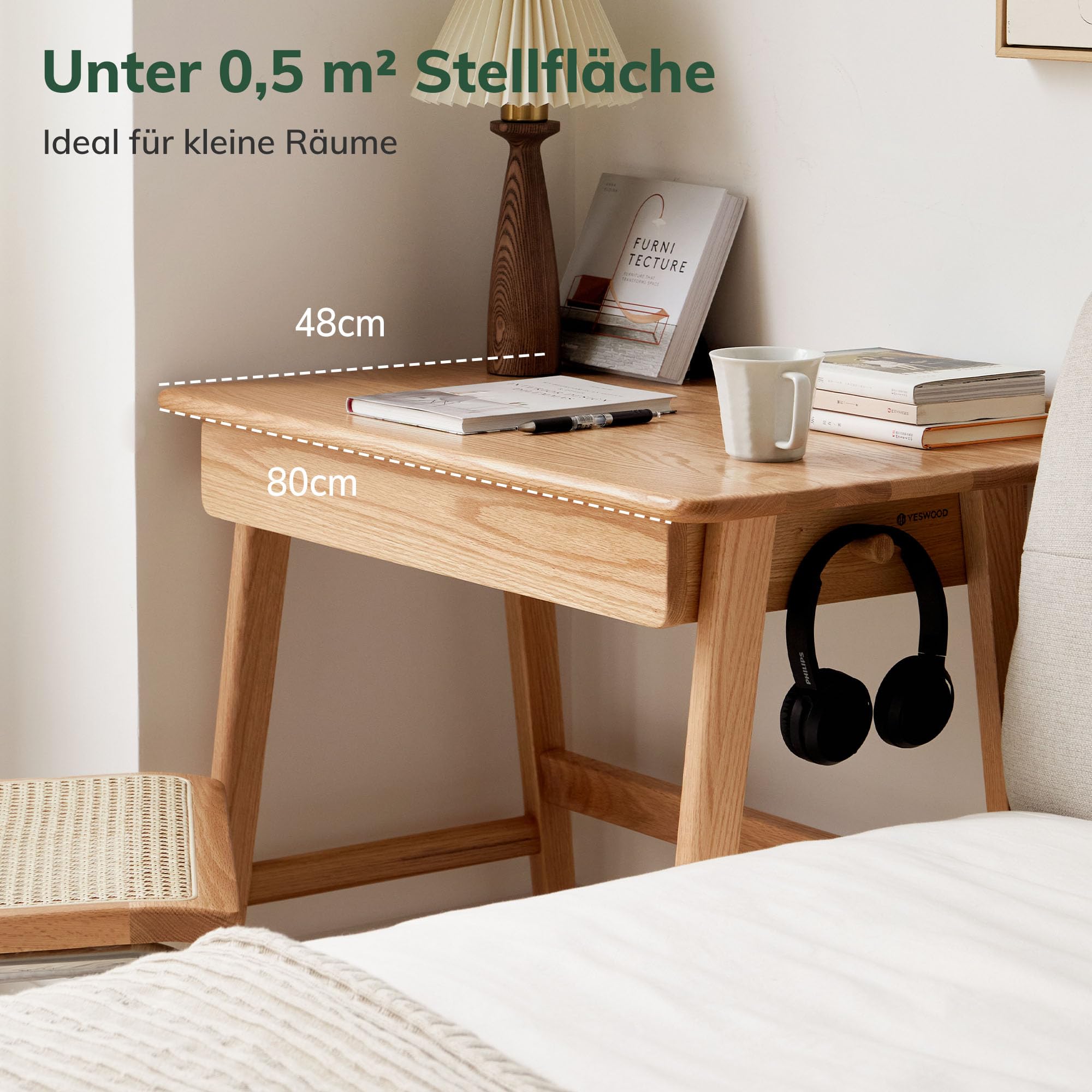 YESWOOD Kleiner Schreibtisch Massivholz mit schubladen,80X48X78CM