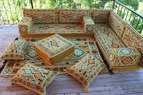 Miniatura 2 de Yellow L Shaped Corner Floor Couch, Interior Design, Outdoor Patio Furniture, Floor Cushions, Bench Cushions, Floor Pillows, Arabic Majlis (L Sofas