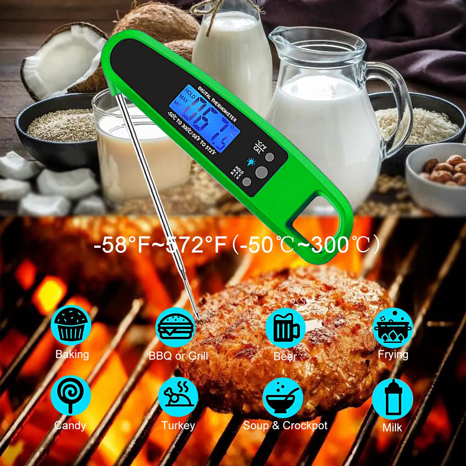 Termómetro de carne de lectura instantánea para cocinar en la cocina, termómetro digital ultra rápido preciso impermeable con retroiluminación, imán y sonda plegable para freír, barbacoa al