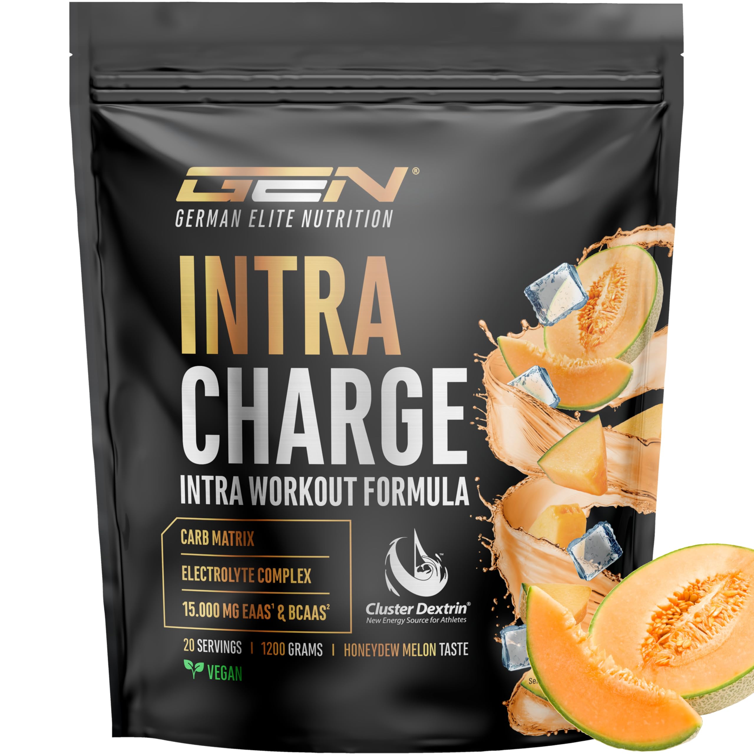 Intra Charge Workout Drink 1,2kg - Hochdosierter Komplex mit Cluster Dextrin®, allen 9 essentiellen EAAs & BCAAs, L-Glutamin, L-Glycin, Taurin, Elektrolyte Matrix - vegan (Honigmelone)