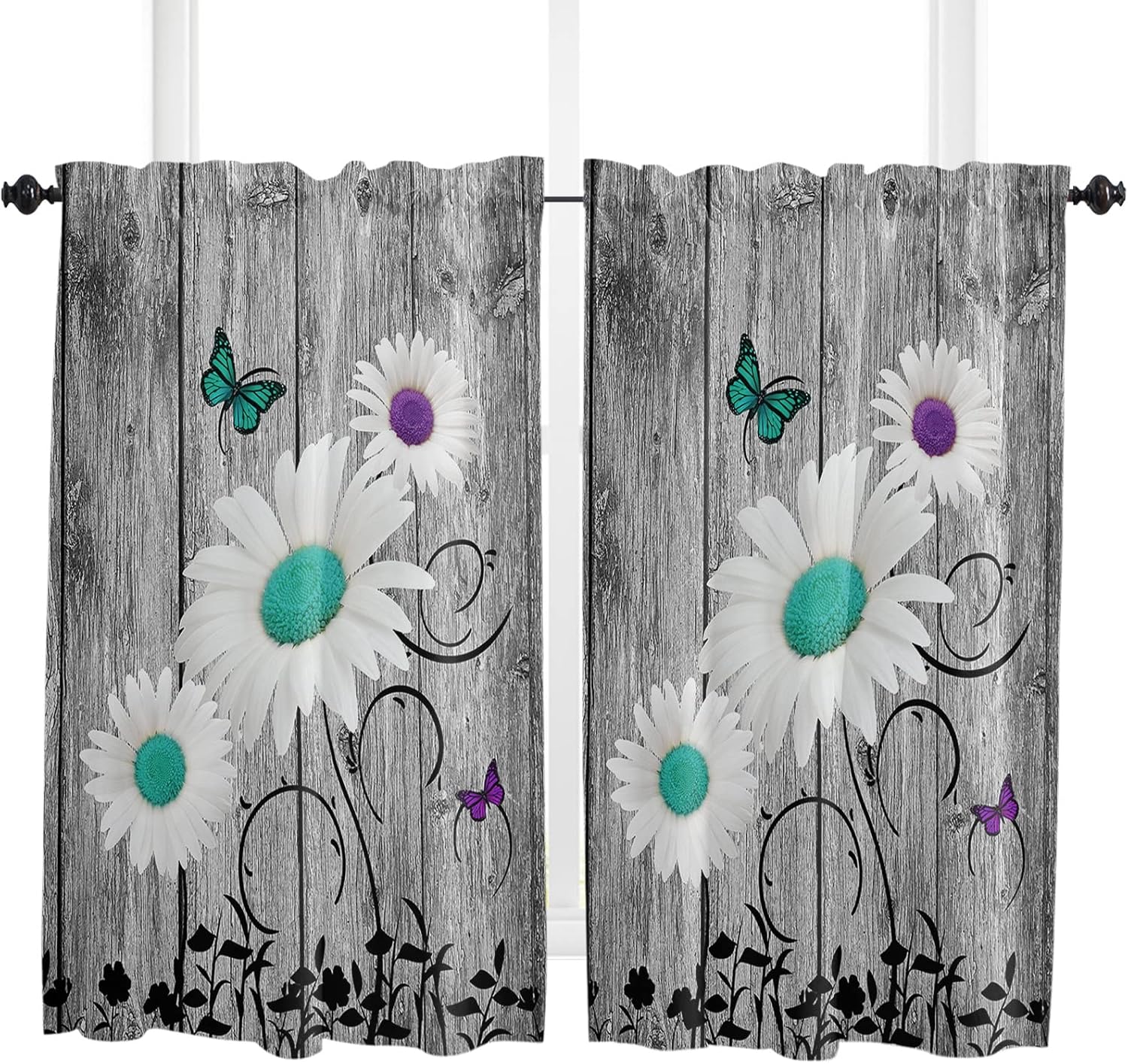 Kitchen Tier Curtains 54 inches long, Teal Purple Daisy Retro Farmhouse Wooden Board Window Curtains for Living Room Bath Cafe,Rod Pocket Light Filter Drapes Short Half Window Treatment Tiers 2 Panels