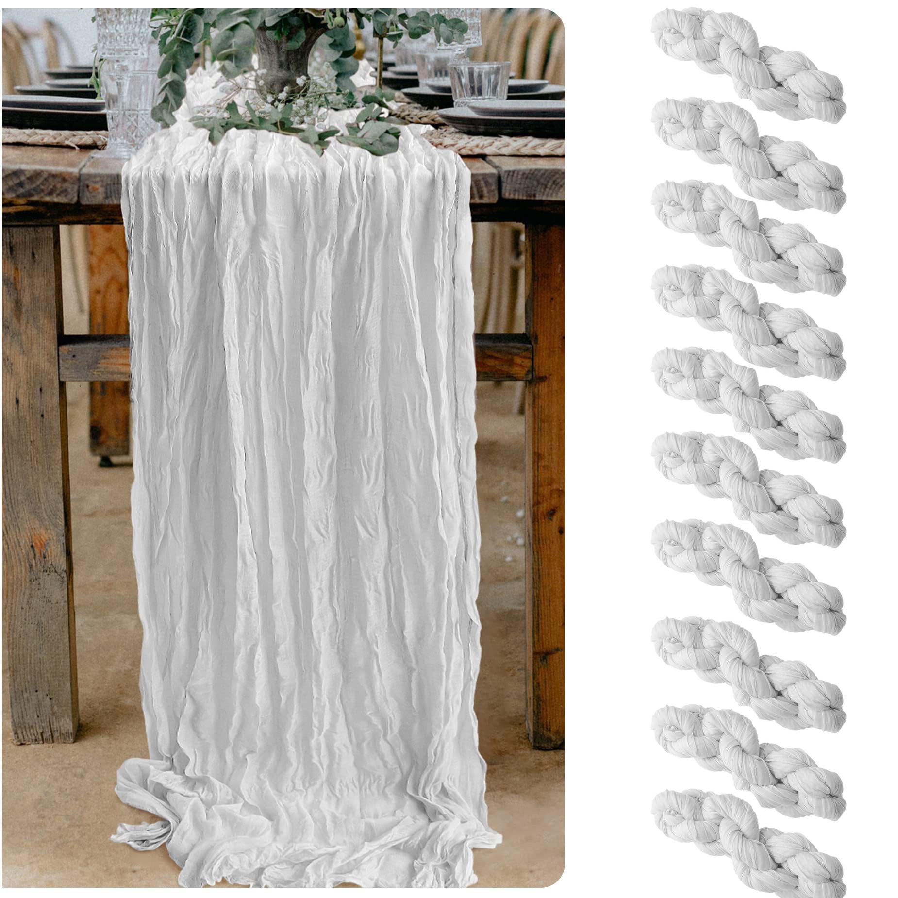 10 Packs Cheesecloth Table Runner, 90x300cm White Rustic Gauze Fabric, Boho Rustic Table Runner Tablecloth for Wedding Bridal Shower Birthday Party Cake Table Decor