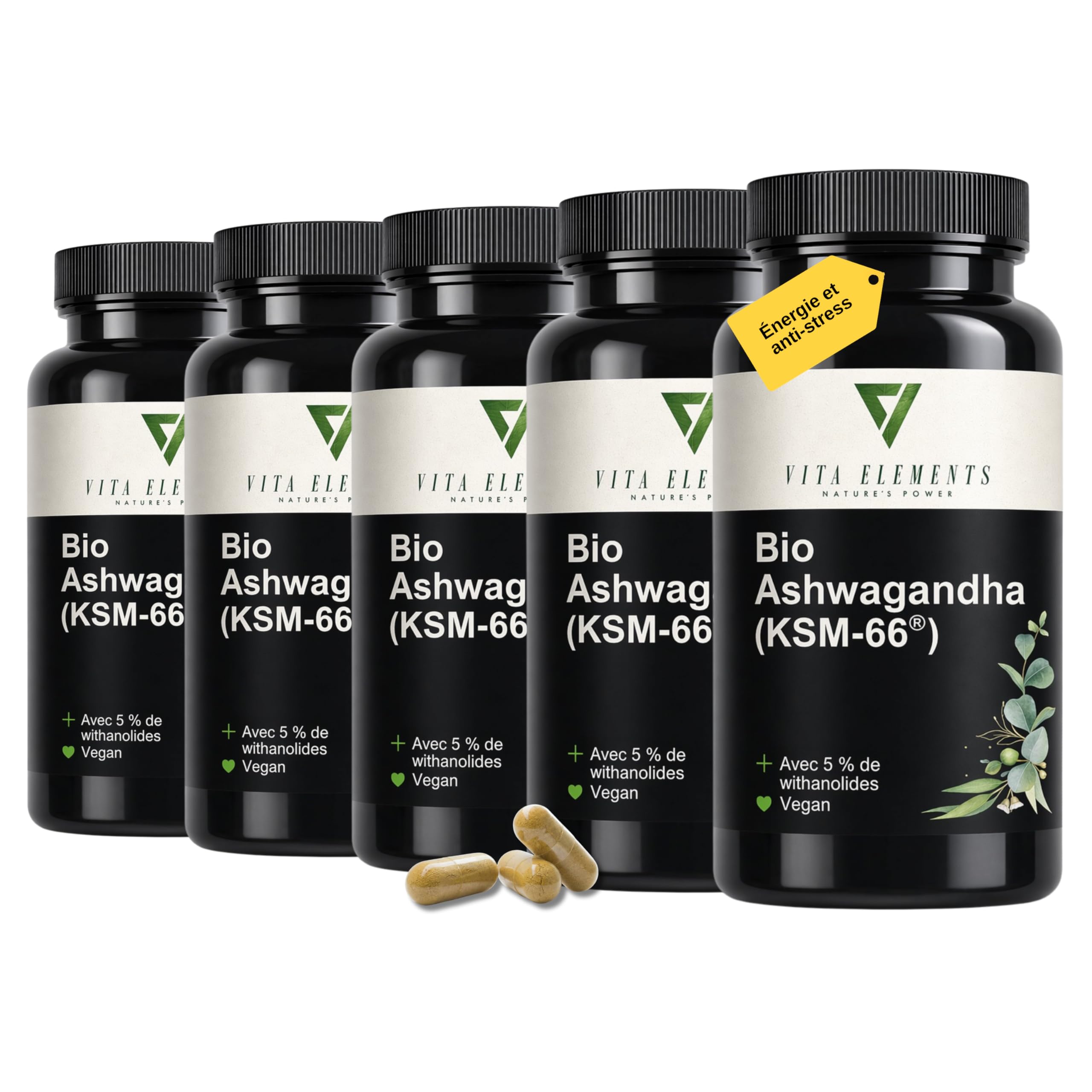Vita Elements Bio-Ashwagandha - Extrait de Racine - 180 Gélules - 5% Withanolides - Haute Concentration, Vegan & Biologique - Testé en Laboratoire (5)