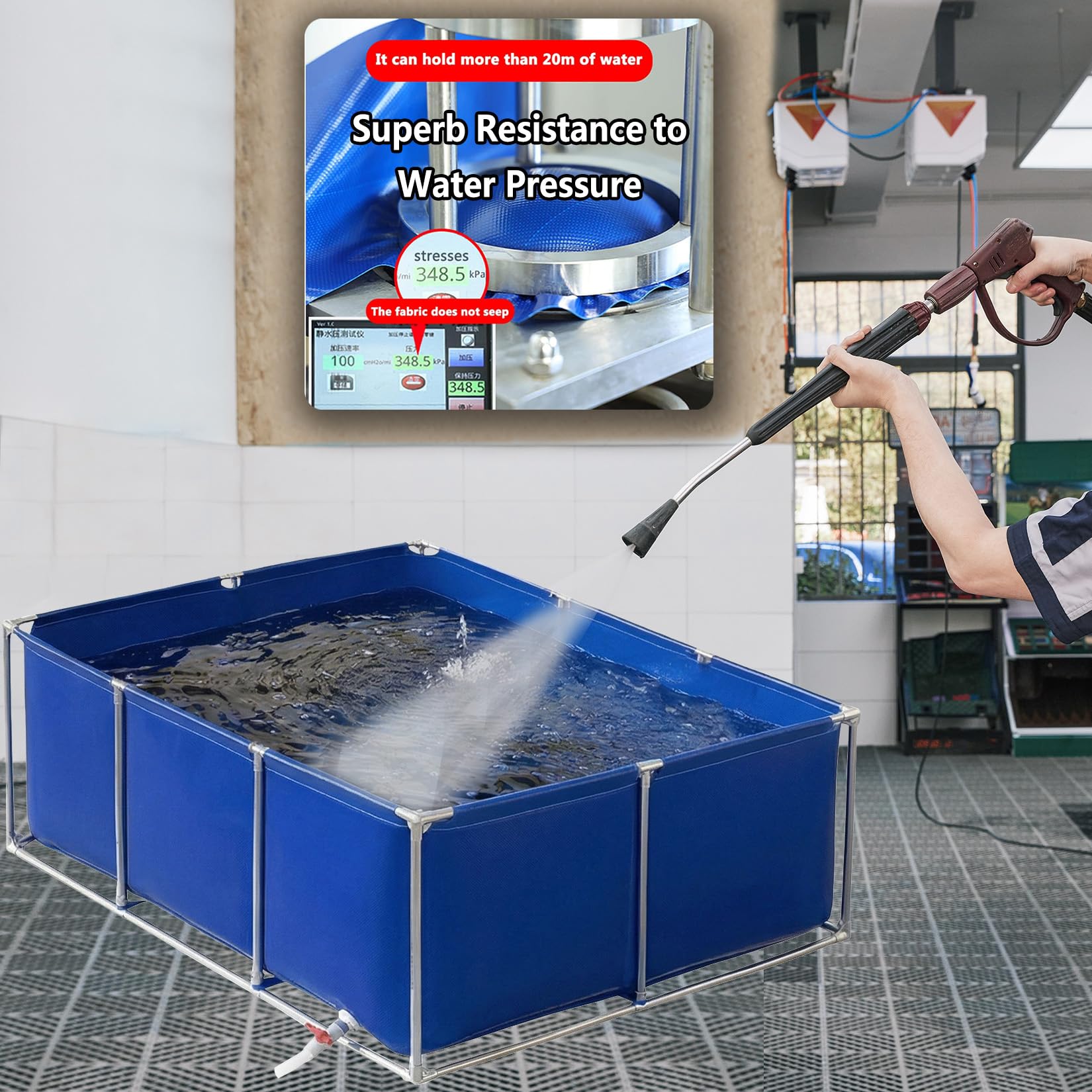 Fischteich im Freien Garten Aquarium Zuchtbecken Teich Segeltuch Rahmen mit Ablassventil Wasserspeicherung Hydroponische Pflanzen Grau 2×2×0.9m