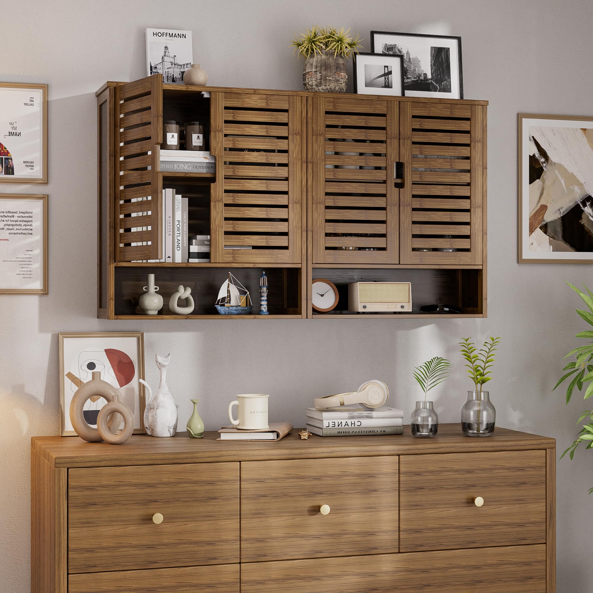 SMIBUY Armoire de Salle de Bain Murale, Organisateur de Rangement en Bambou au-Dessus de la Cuvette, Armoire à Pharmacie Gain de Place avec 2 Portes et étagères réglables (Noyer)