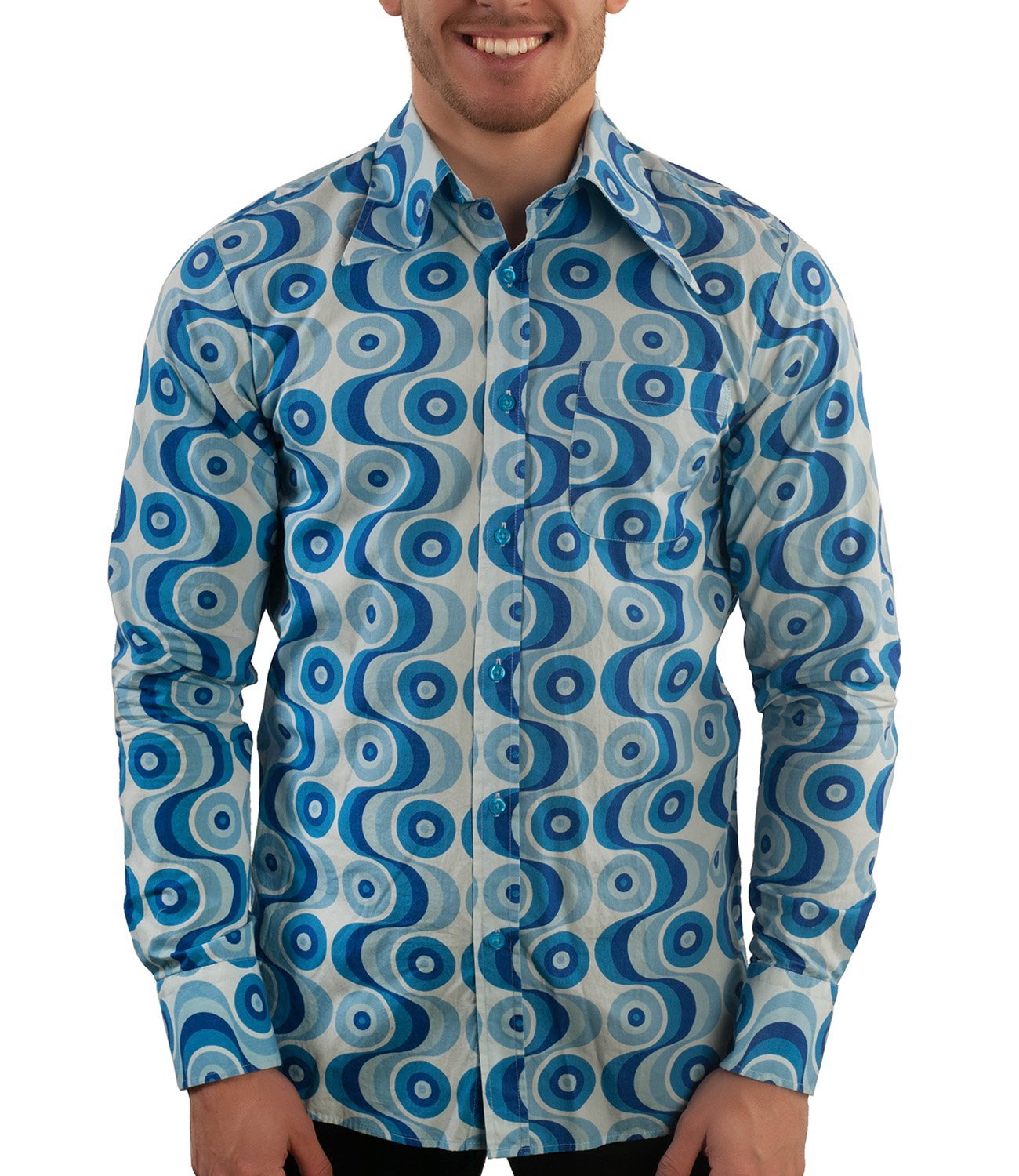 Comycom 70er-Jahre Muster Herren Freizeithemd Waves blau - Slimfit Partyhemd für 70er-Party, Schlager-Party oder als Disco-Outfit