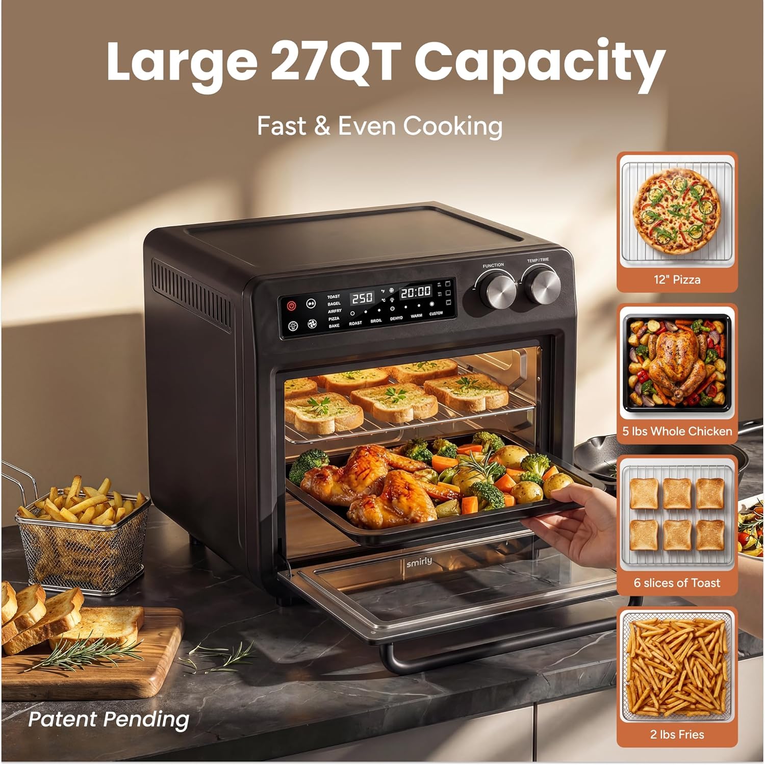 SMIRLY Digital Air Fryer Toaster Oven Combo, 27QT Convection Countertop Oven, 10-in-1 Multi-Function Fits 12" Pizza & 6 Slices of Toast, Stainless Steel, Black