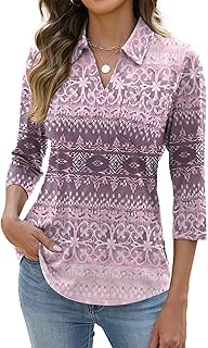 Womens 3/4 Length Sleeve Tops V Neck Casual Basic Tees Work Polo Shirts Collared Summer Top with Front Pocket