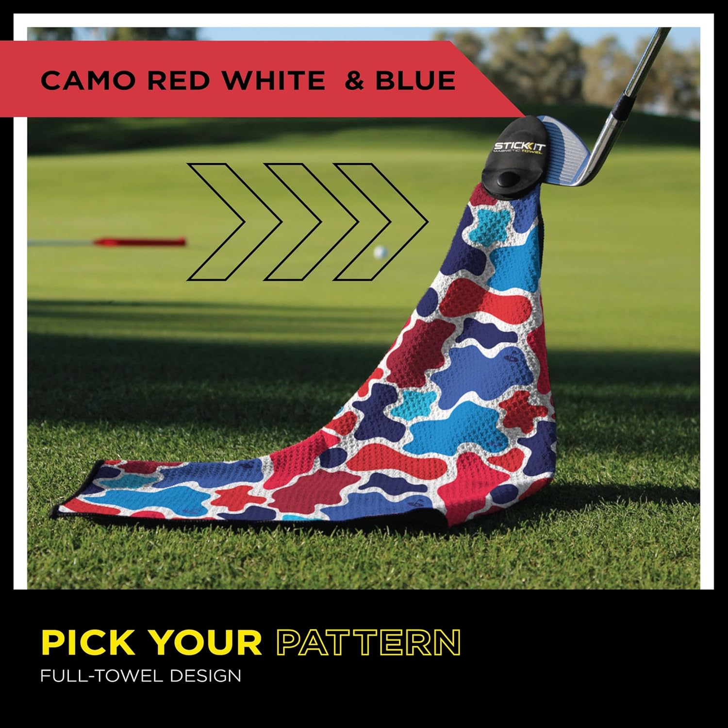 STICKIT Magnetic Golf Towel, Patriotic Camo | Top-Tier Microfiber Golf Towel with Deep Waffle Pockets | Industrial Strength Magnet for Strong Hold to Golf Carts or Clubs | Red, White and Blue Camo - Image 6