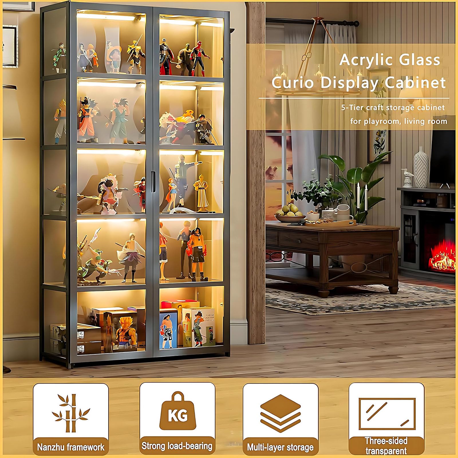 5 piani vetro acrilico porta espositore, espositore collezione, porta giocattoli, libreria camera da letto per bambini (Doppia porta grigia)