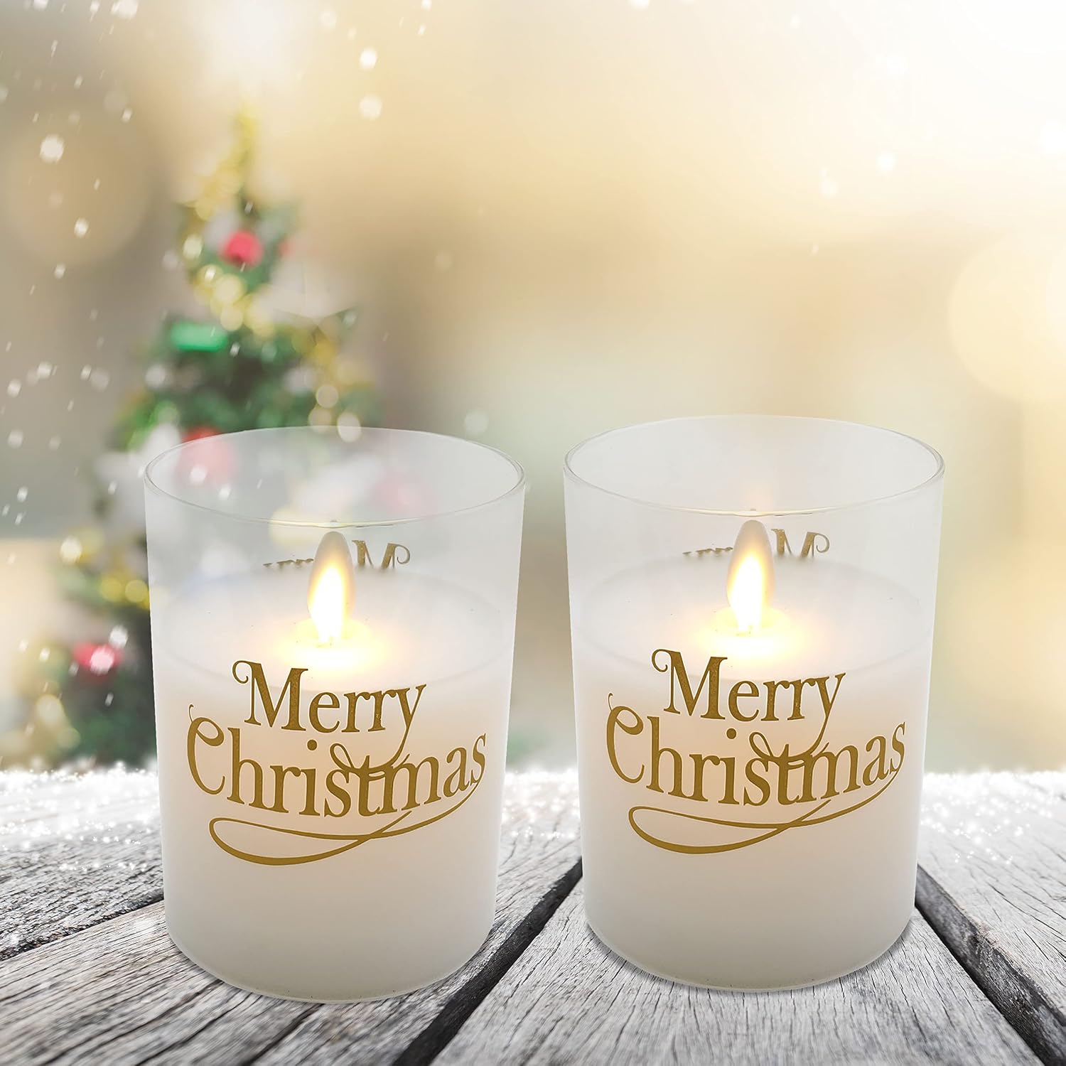 LumaBase Battery Operated LED Glass Candles with Flickering Flame, Merry Christmas - Set of 2