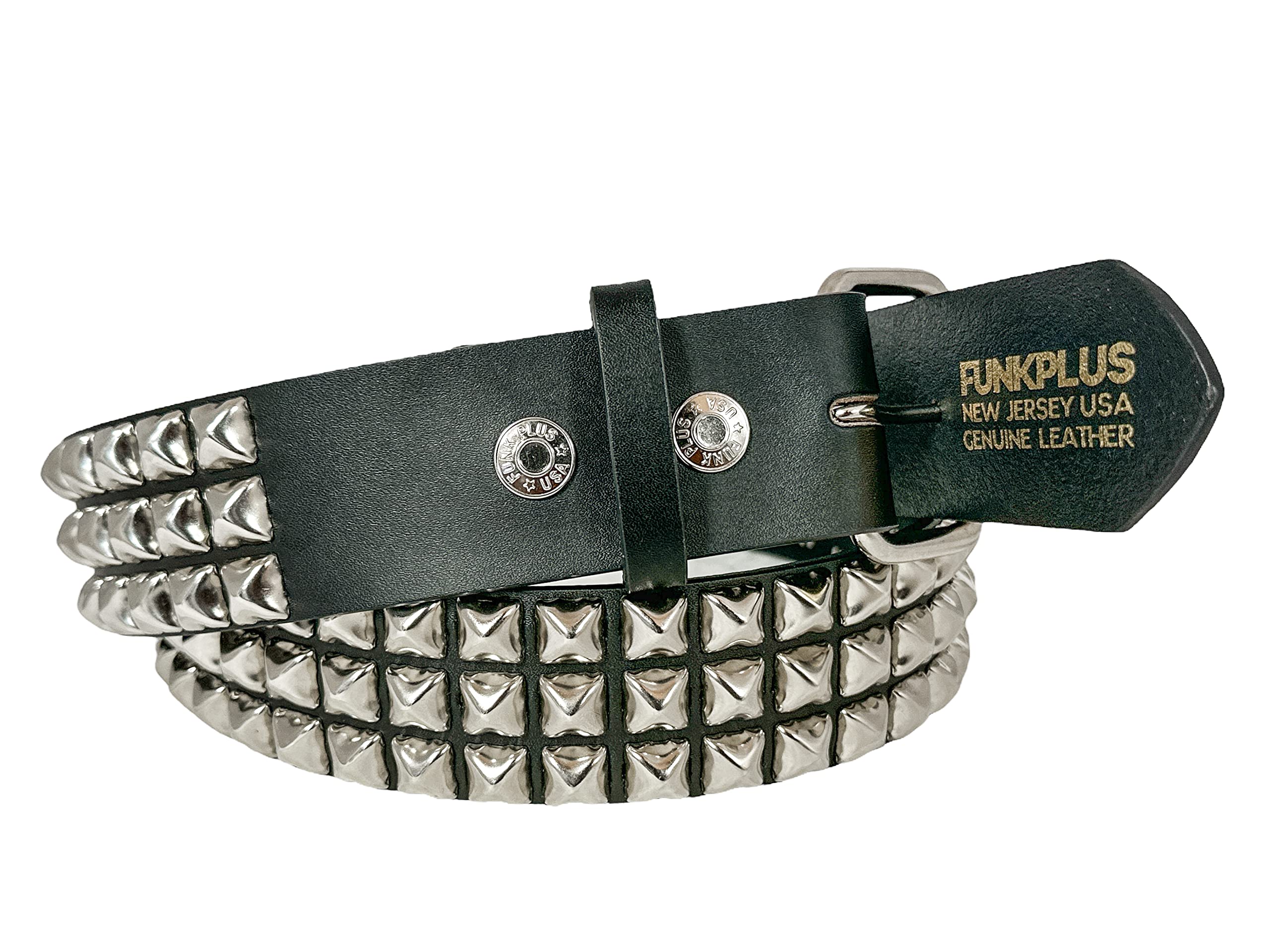 Three Row Pyramid Studded Genuine Leather Belt By Funk Plus Snap Off Buckle FUNK LOGO Snap (Small)