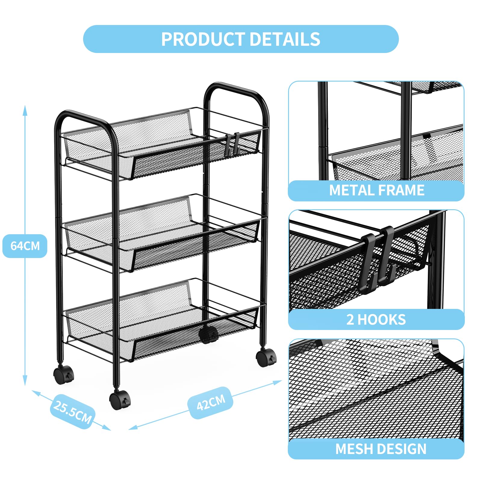 WELDUN 3-Tier Storage Trolley, Rolling Cart, Mesh Storage Cart, Mobile Storage Trolley, Portable, Stable and Easy to Set up - Image 2
