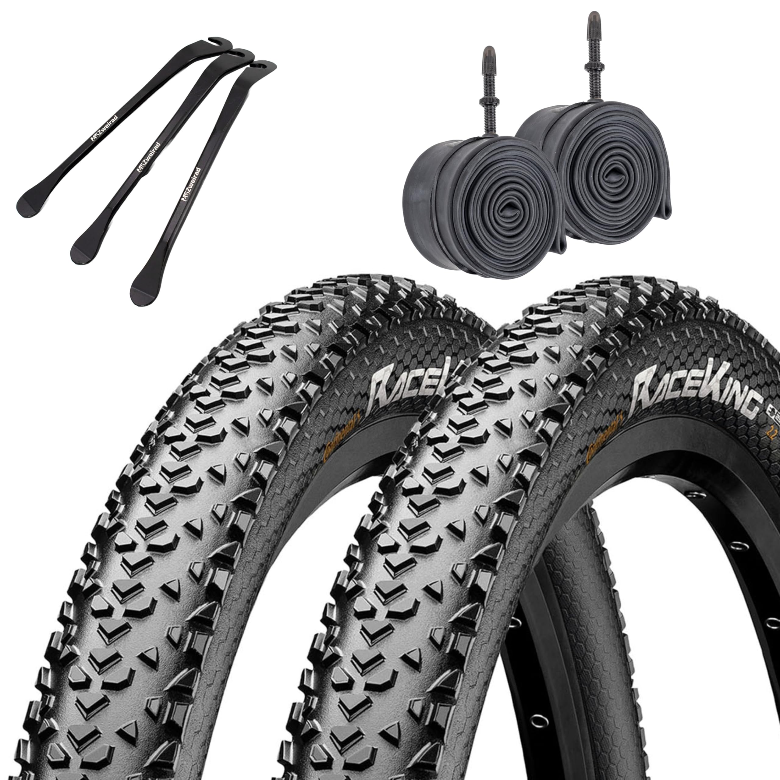 2er Set Continental Fahrradreifen Race King 29 Zoll (50-622) + AV DV SV Schlauch und 3 Metall Reifenheber E Bike