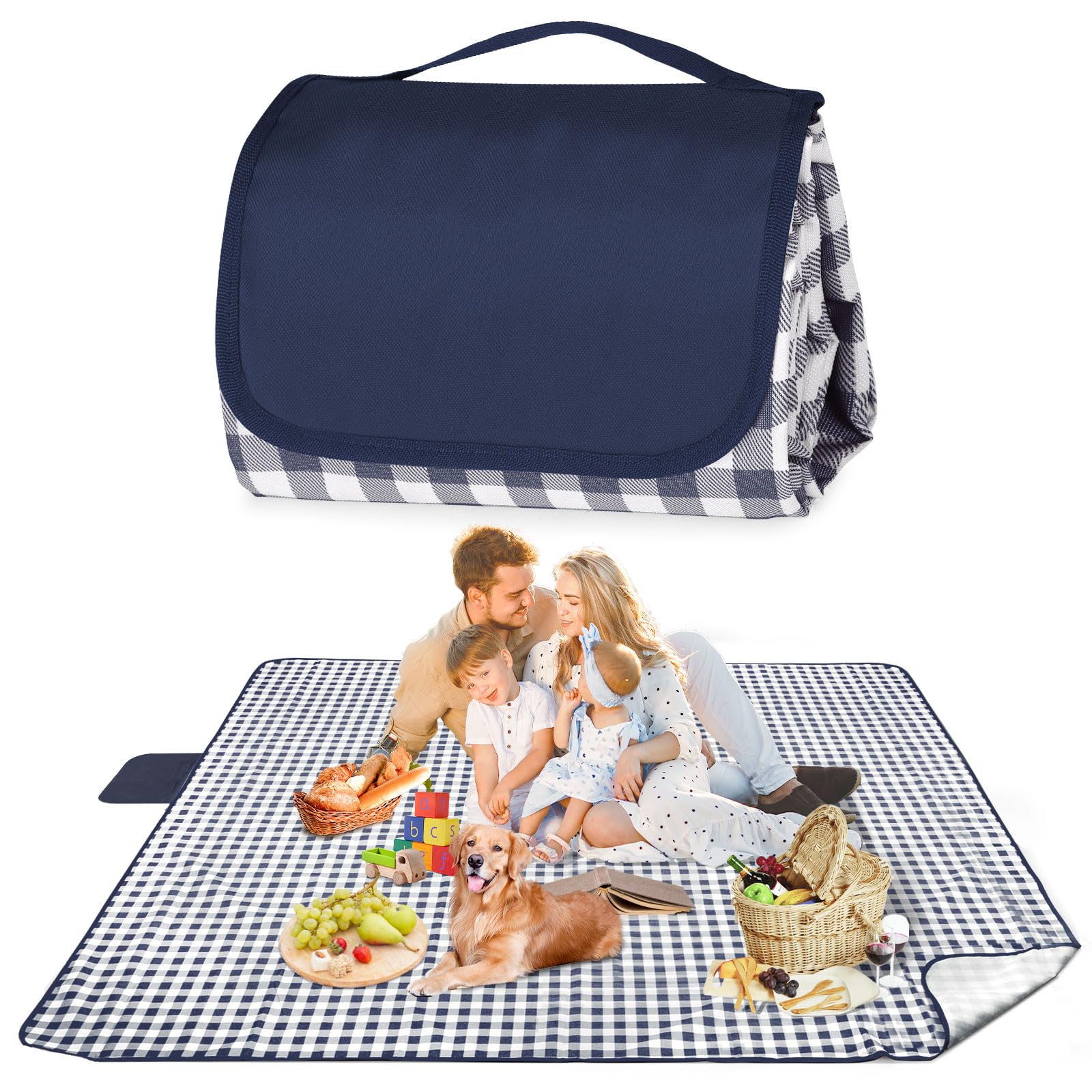 Maidyna Picknickdecke, wasserdicht, 200 x 200 cm, große Stranddecke, sanddichte Picknickmatte mit Tragegriff, faltbar, Wanderdecke für Camping, Strand, Familienpicknick (blau)