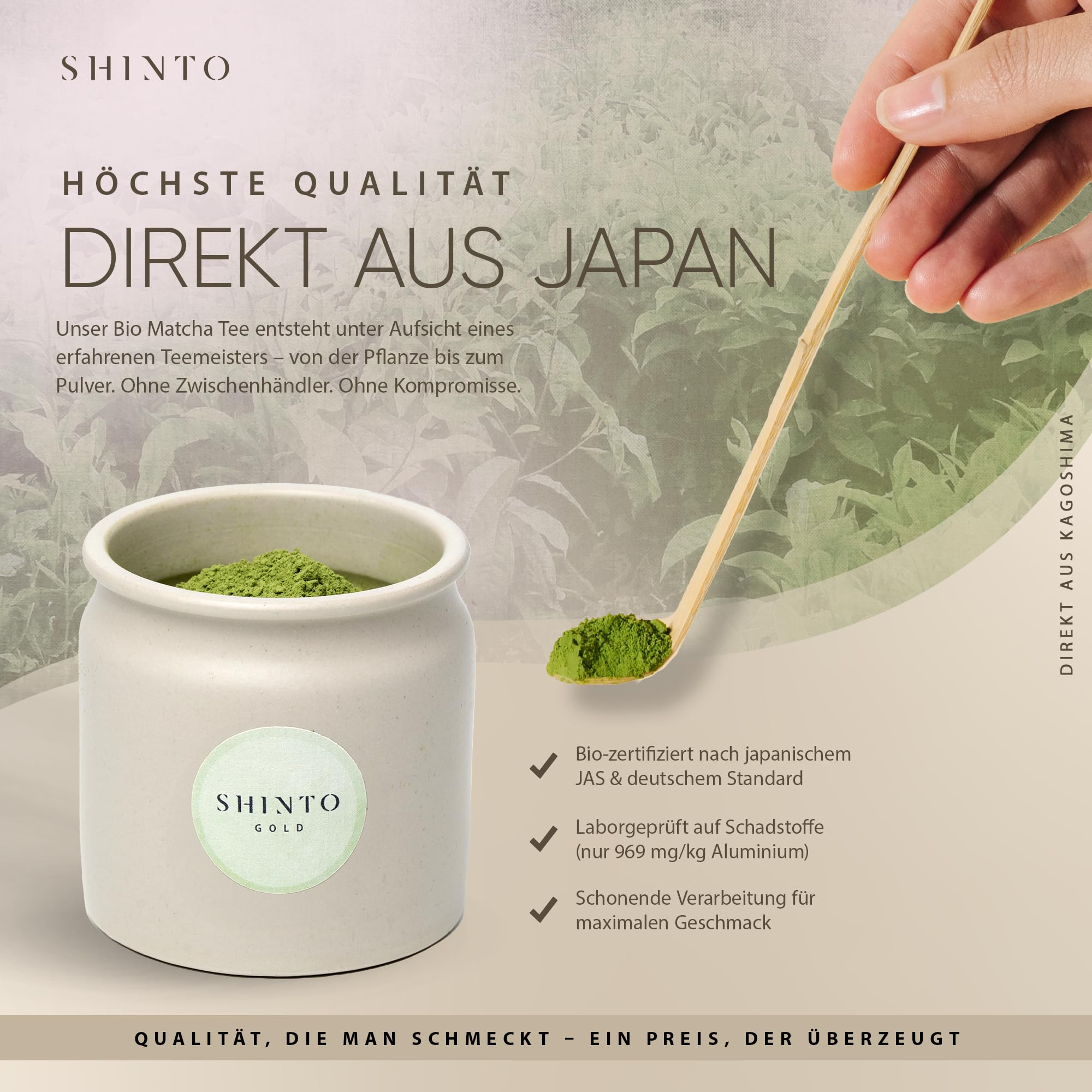 Matcha Tee Set Shinto® Gold - Super Premium Bio Matcha Tee - beschattet & handgepflückt aus Uji Japan inkl. handgefertigter Schale, Besen & Löffel für die traditionelle japanische Teezeremonie