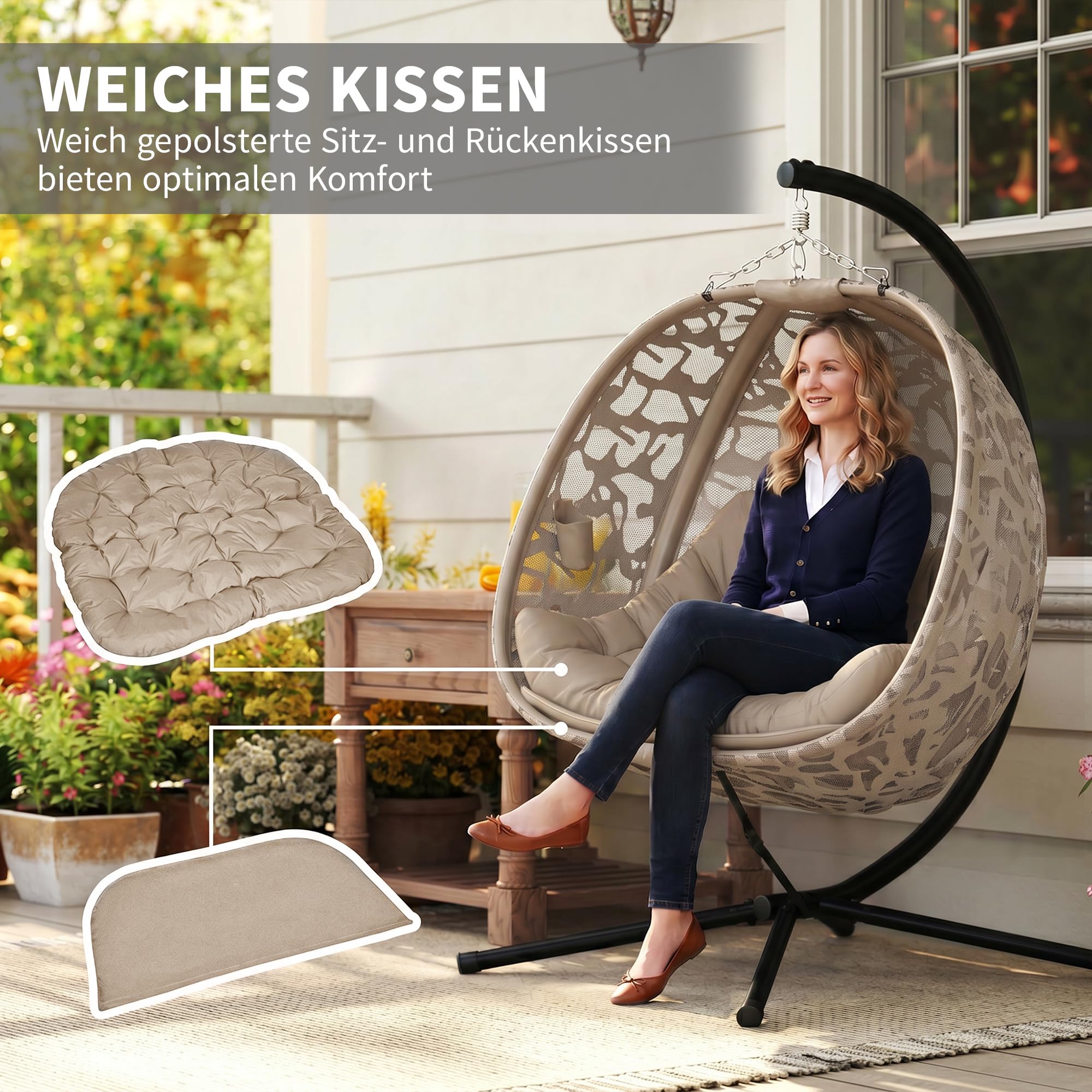 Outsunny Hängesessel, 2 Sitzer Hängestuhl mit Kissen, Hängeschaukel mit Klappbarem Sitzkorb, Seitentaschen für Indoor, Outdoor, bis 240 kg Belastbar, Polyester+Stahl, Sand