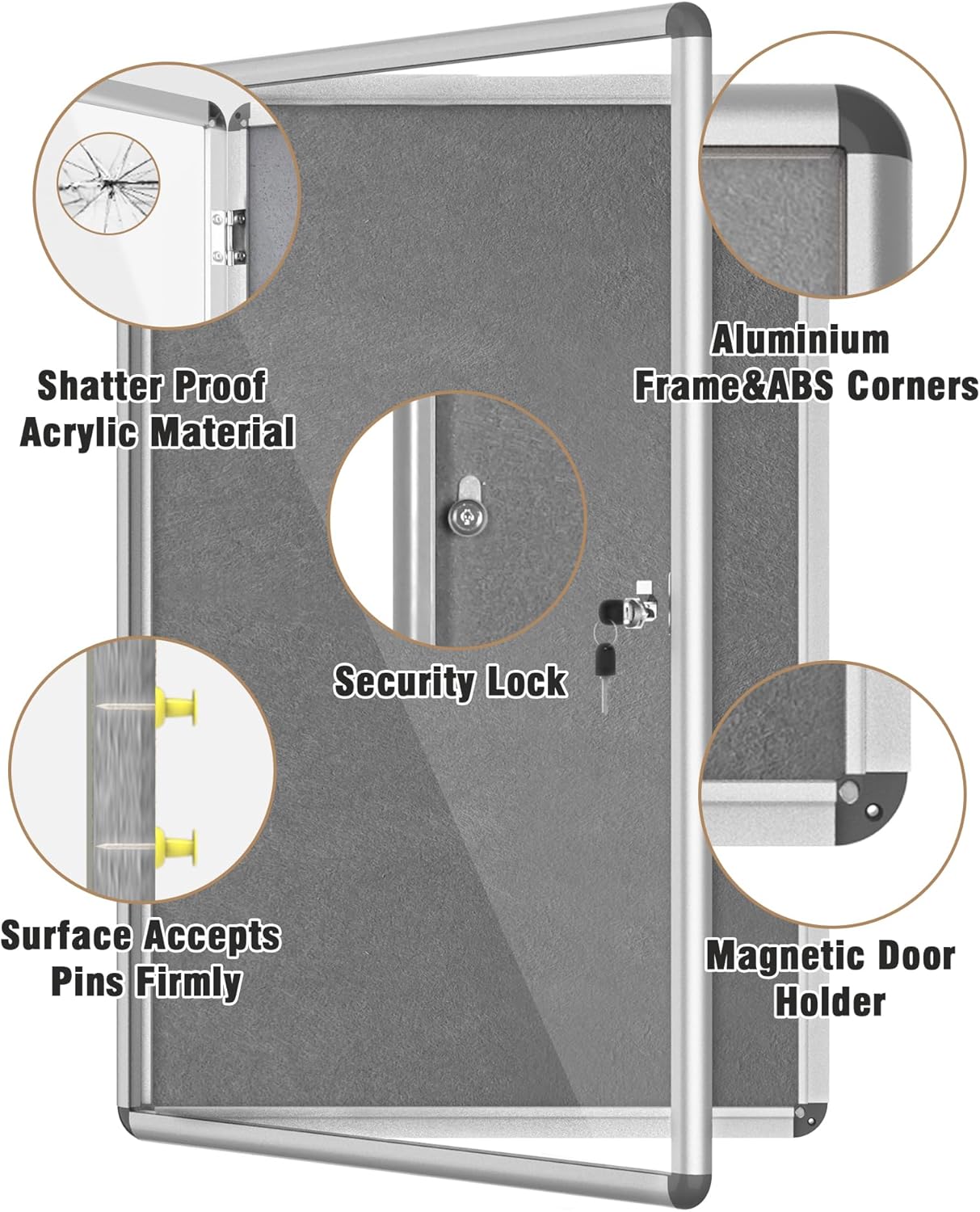 Mifuro 36"x24" Enclosed Bulletin Board, Lockable Weather-Resistant Aluminum Cork Noticeboard for School & Office, Silver Frame w/Grey Flet