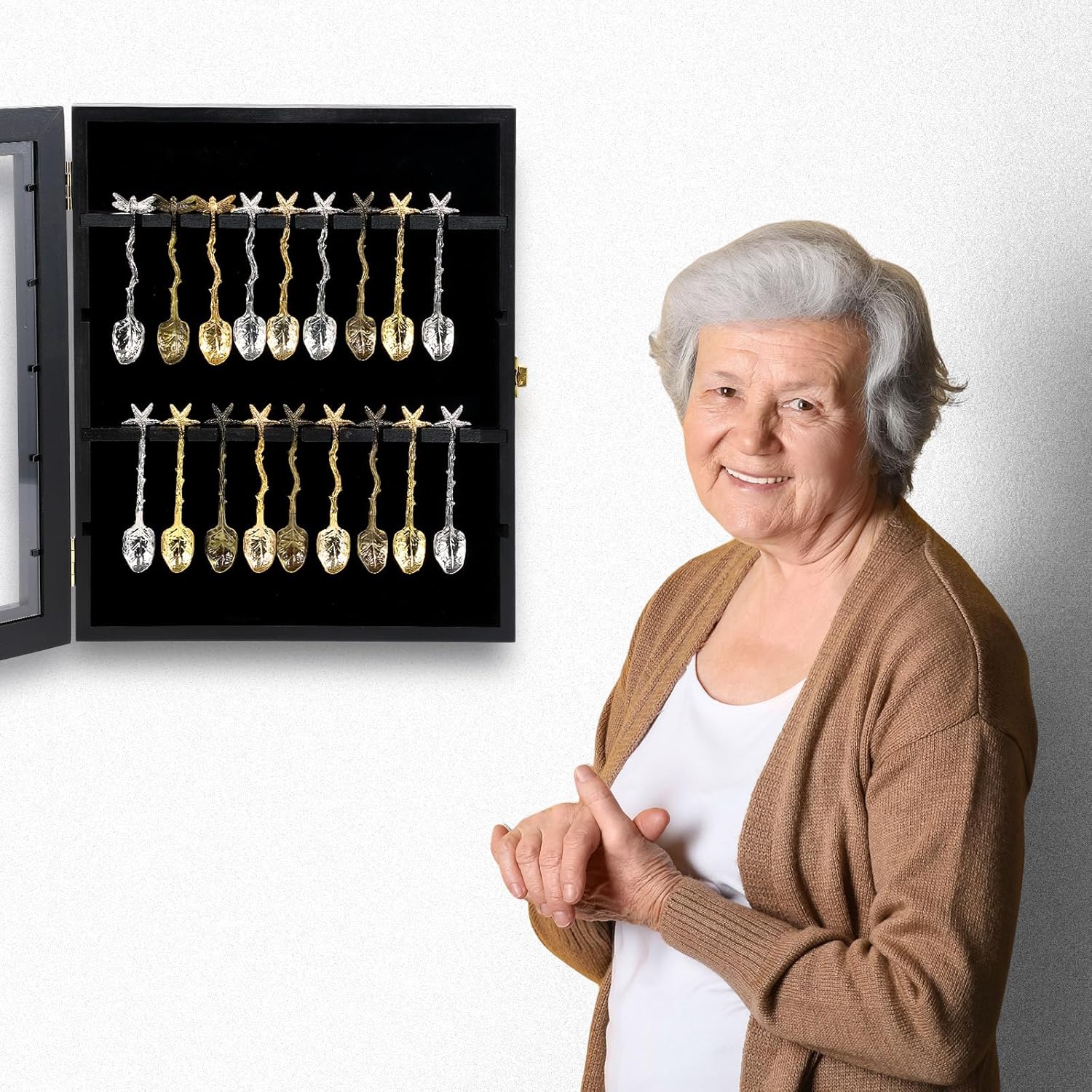 Tea Spoon Display Case Wall Mount Wooden Case Cabinet W/98% UV Acrylic Door Lockable Storage Display Box for Teaspoon Collection (Black Finish,18 Souvenir Spoon)