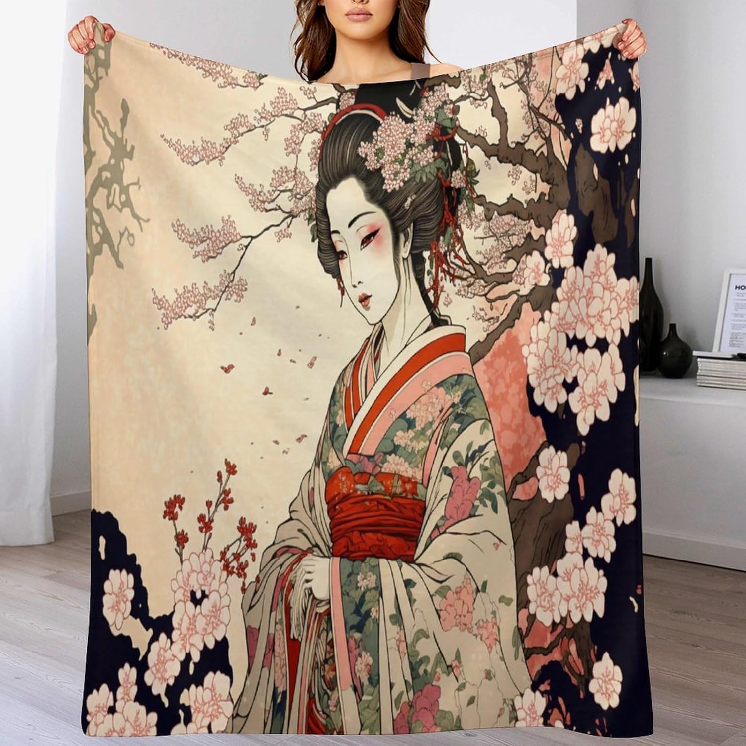 Japanese Bedding Fleece Blanket,Retro Beautiful Flower Japan Geisha Girls Cherry Blossoms Flannel Soft Warm Microplush Lightweight Thermal Throw Blankets for Sofa Bed Living Room Bedroom 50"x60"