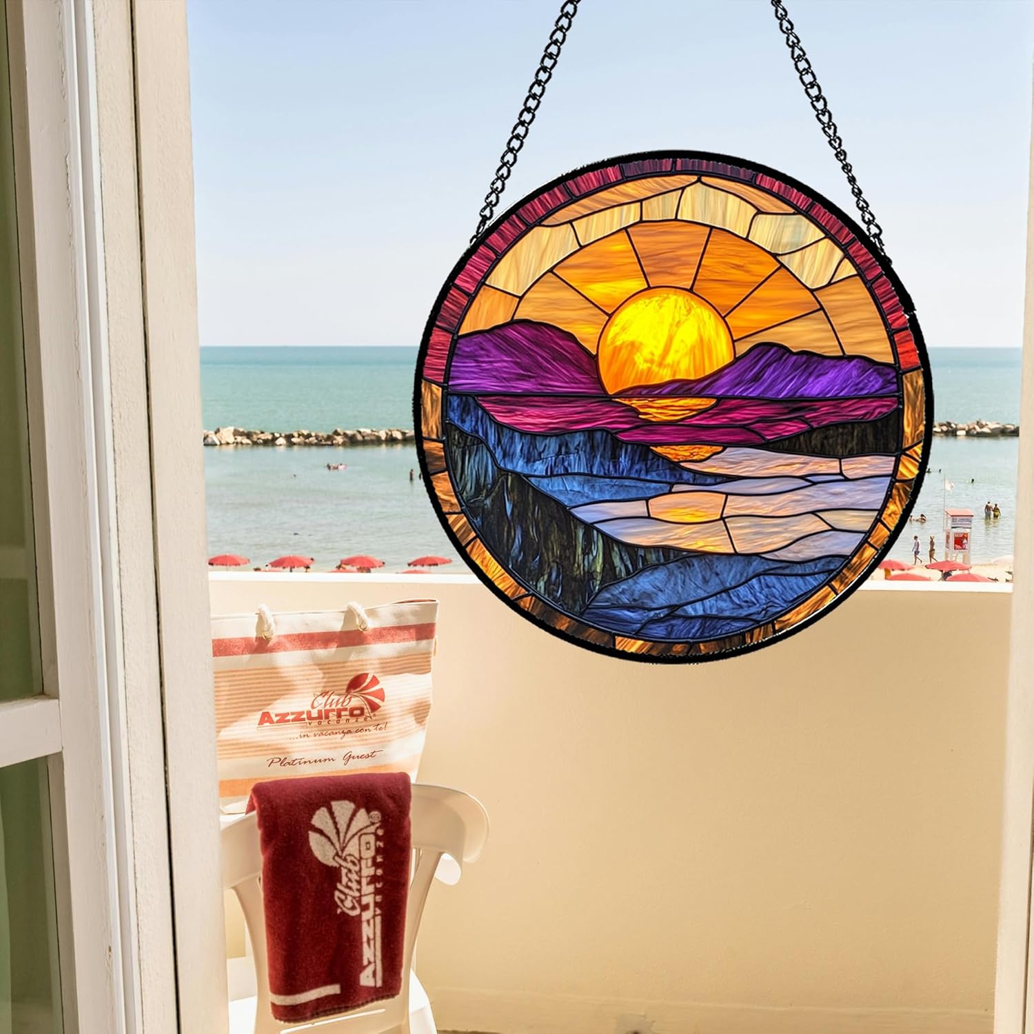 Stained Glass Window Hanging - Yellow Blue Purple Sunrise Suncatcher for Door Garden Home Decor Sun Catcher Birthday Christmas for Lovers Friend Women Mom Nana 15 in