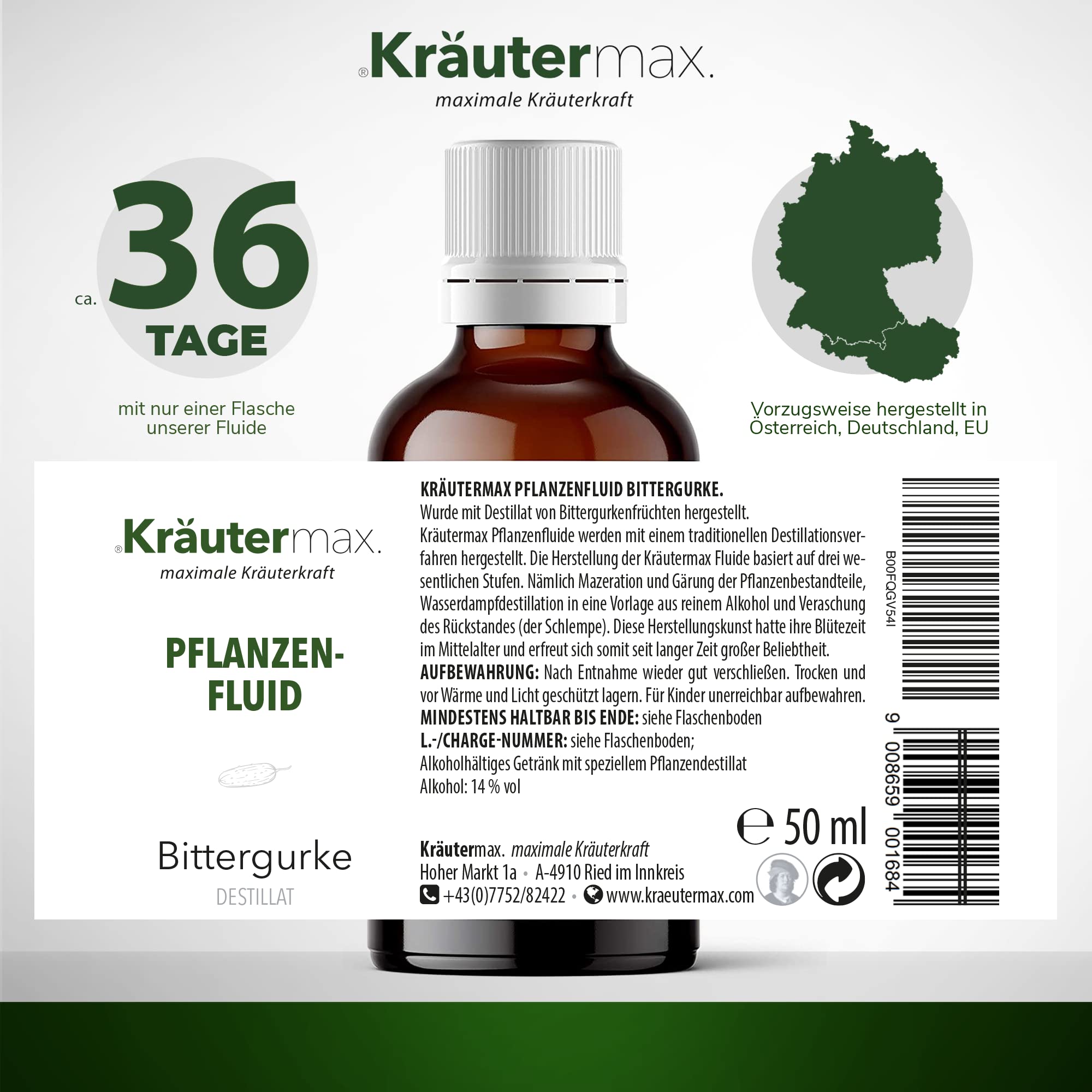 Kräutermax Bittergurke Tropfen 1 x 50 ml, Pflanzen Fluid Destillat nach Paracelsus, ideale Ergänzung zu Tee, Extrakt flüssig, Tinktur, Kapseln - Vegan